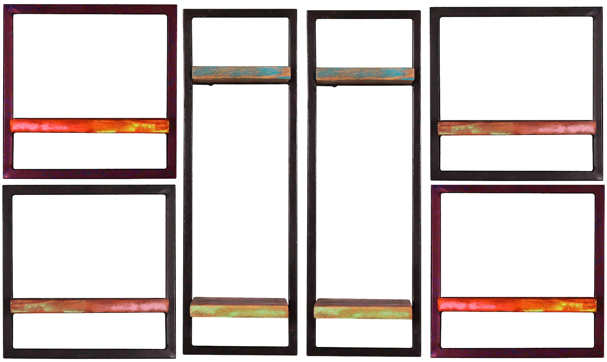 SIT Wandregal "Namur 6-teilig aus Altholz mit schwarzem Metallrahmen" Set, 2 hohe & 4 niedrige Wandregale für flexible Wandgestaltung