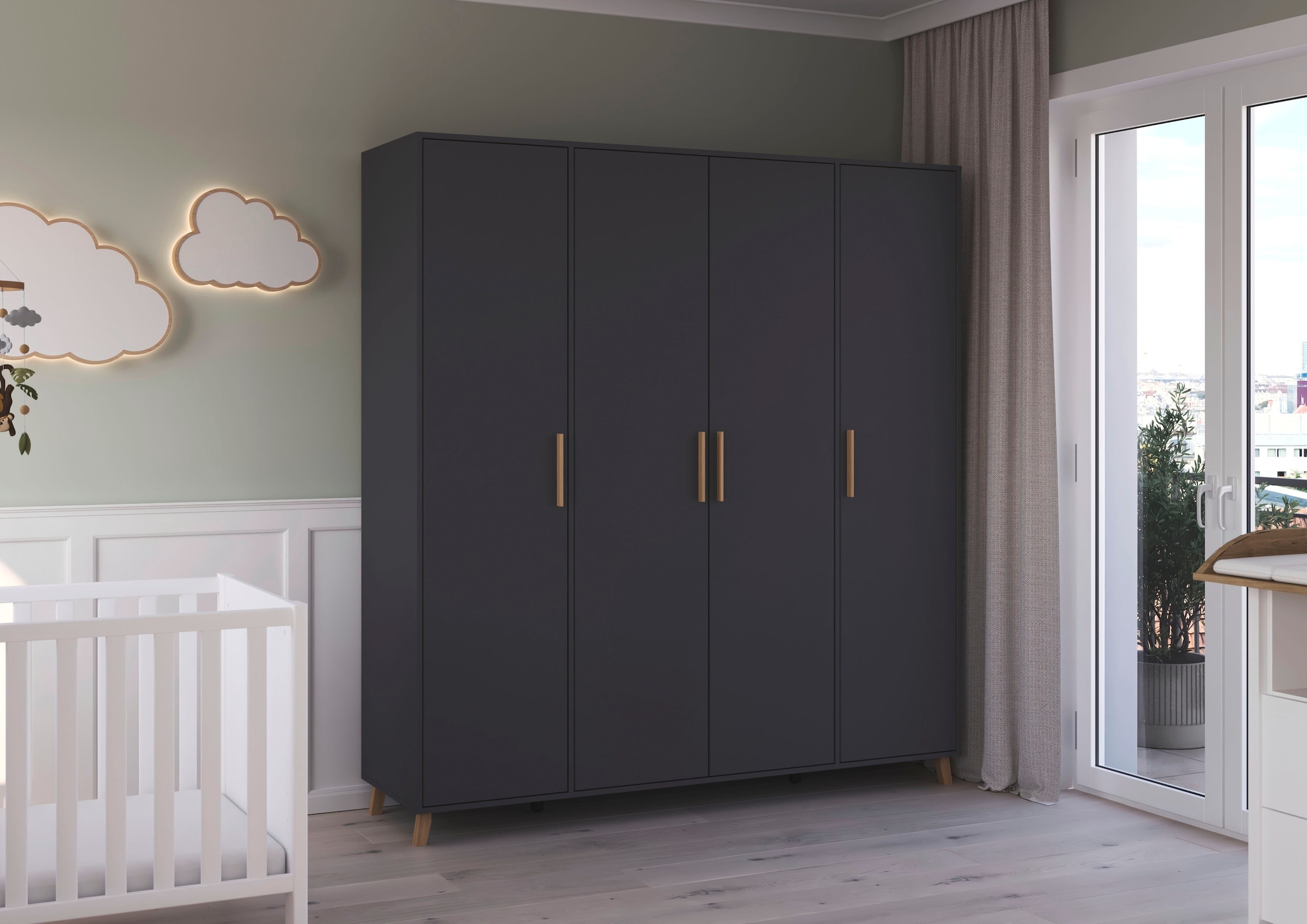 rauch Drehtürenschrank »Kleiderschrank Schrank Garderobe Wäscheschrank SHINJO«, (in 3 verschiedenen Ausstattungen BASIC/CLASSIC/PREMIUM), Griffe und Füße aus Massivholz, viel Stauraum MADE IN GERMANY