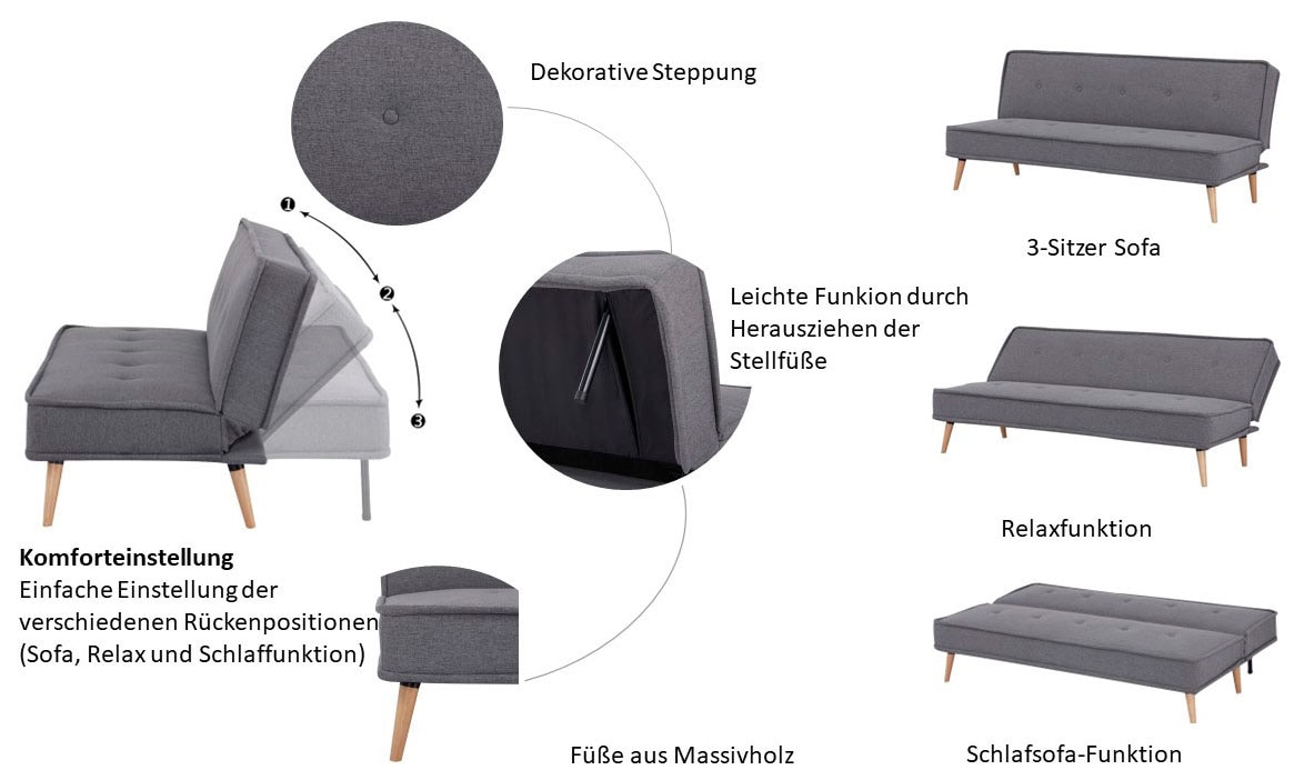 INOSIGN Schlafsofa »ARBON,183cm, klappbarer 3-Sitzer mit verstellbarer Rückenlehne und«, Bettfunktion, Webstoff und Kunstleder