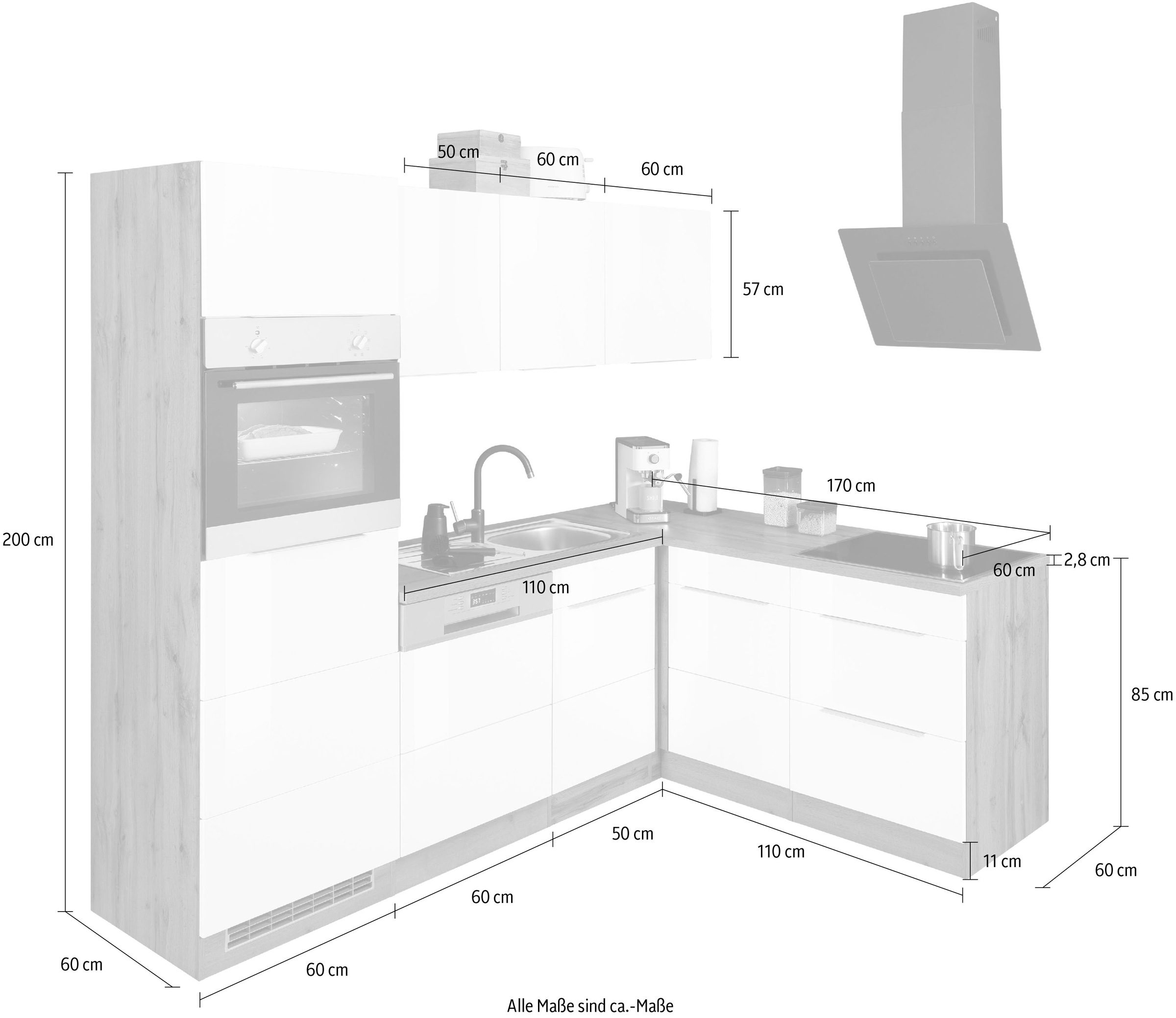 KOCHSTATION Winkelküche »KS-Brindisi Stellbreite 230/170 cm«, wahlweise mit E-Geräten und Induktion, mit MDF-Fronten