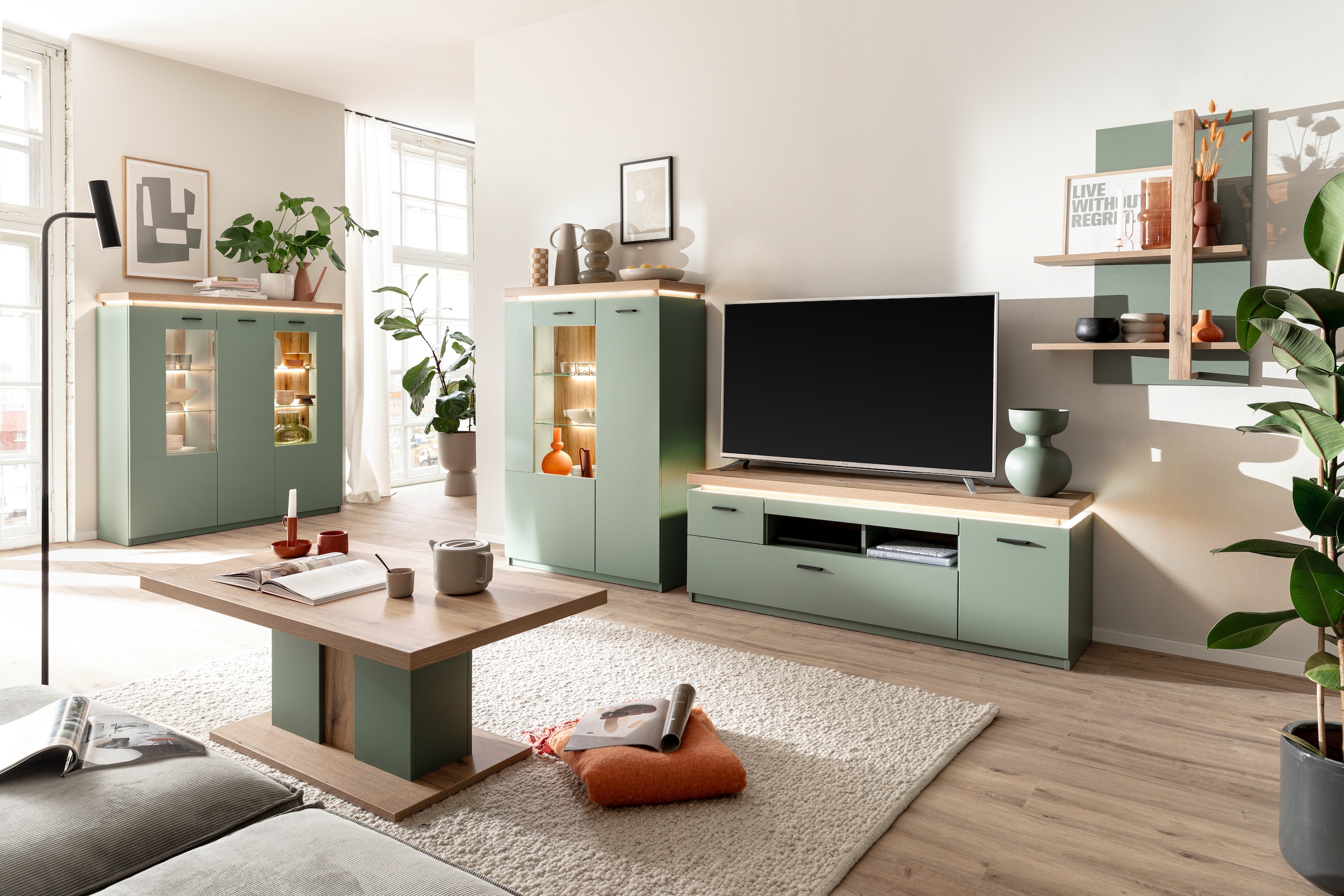 MCA furniture Couchtisch »Moniz Couchtisch mit Bodenplatte«, (1 St.), Wohnzimmertisch,Eiche,Salbeigrün,mit Säule,belastbar 50kg,Breite 115cm