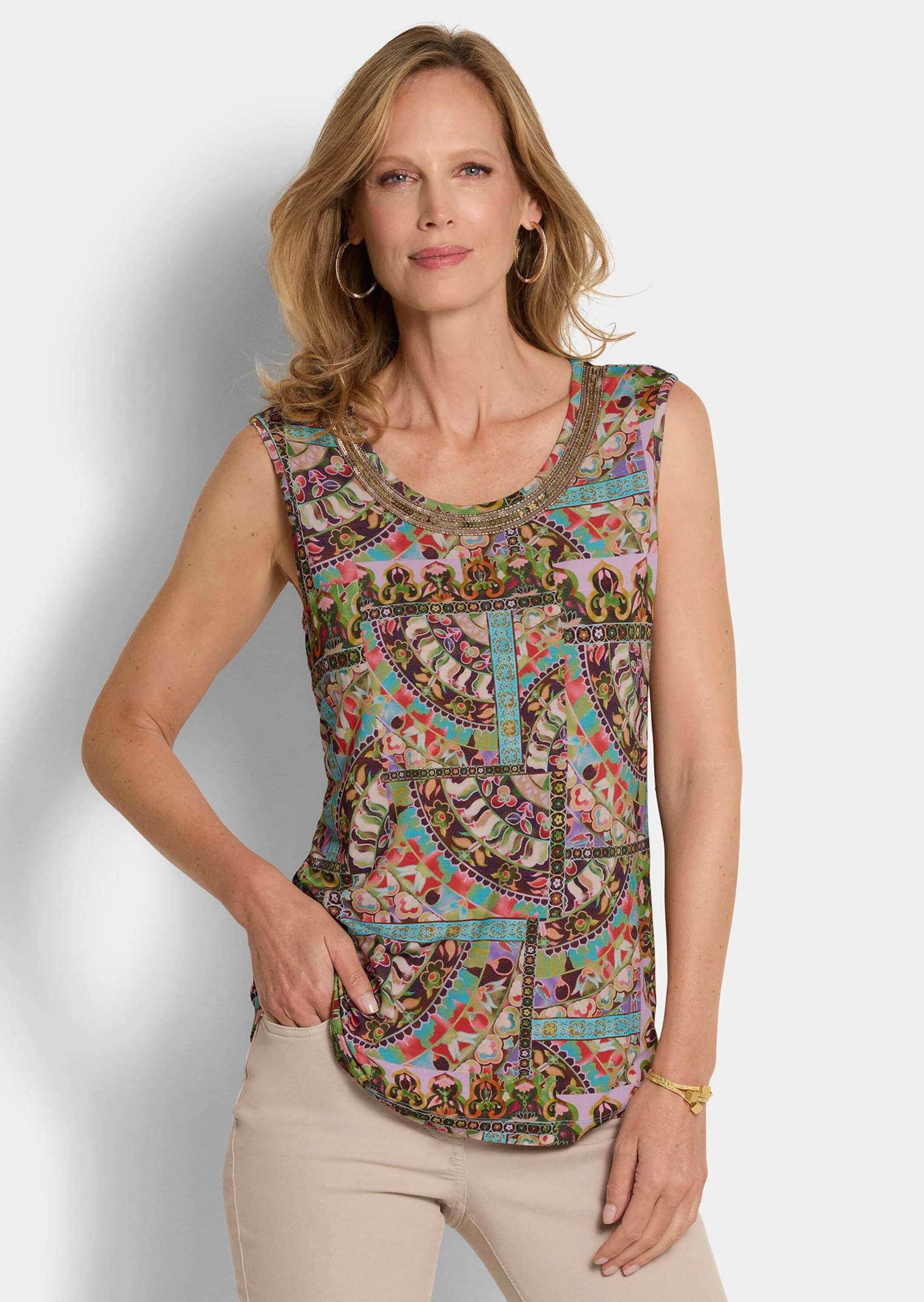 Trägertop GOLDNER "Kurzgröße Viskoseshirt mit Muster-Mix", Damen, Gr. 23, bunt (bunt, gemustert), Obermaterial: 95% Viskose CV. 5% Elasthan EL., Tops Trägertop, aufwendige Paillettenstickerei am Ausschnitt 2
