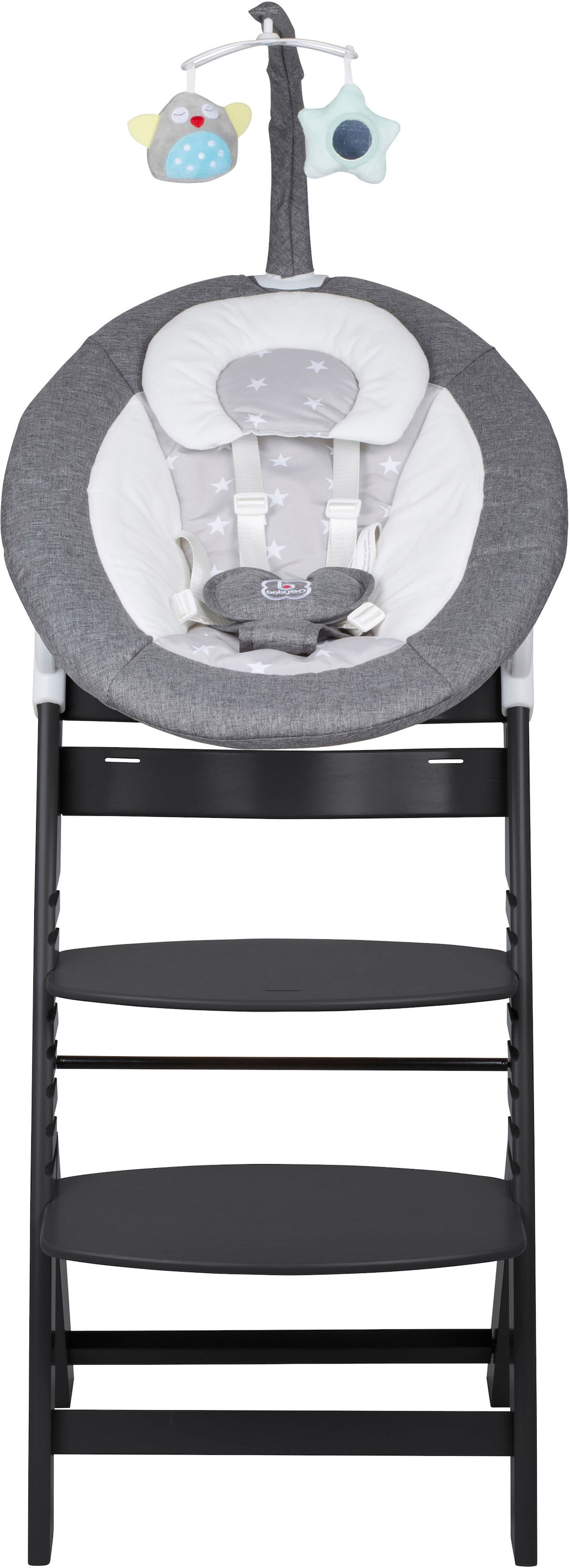 BabyGo Hochstuhl »Family Homey Set, schwarz/hellgrau« () mit elektrischer Babywippe inkl. Spielbogen