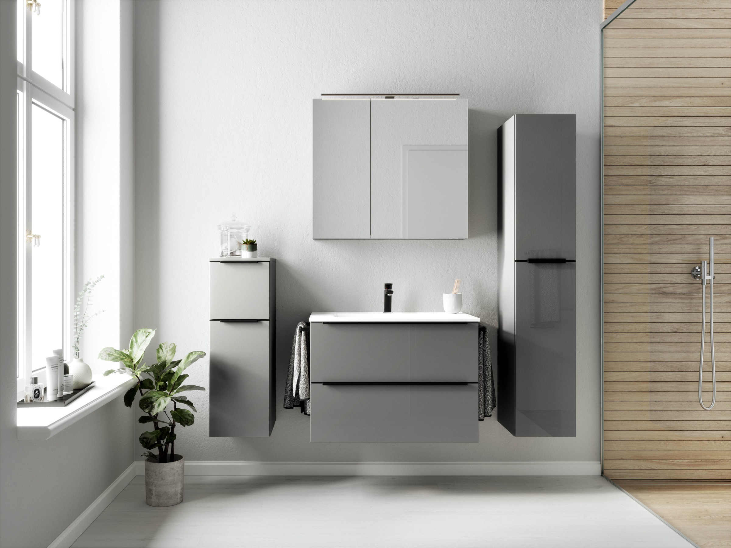 nobilia® Badmöbel-Set »Levere«, (4 St., vormontiert, mit Soft-Close), inkl. Spiegelschrank mit Beleuchtung und Dimmerfunktion, in 4 Breiten
