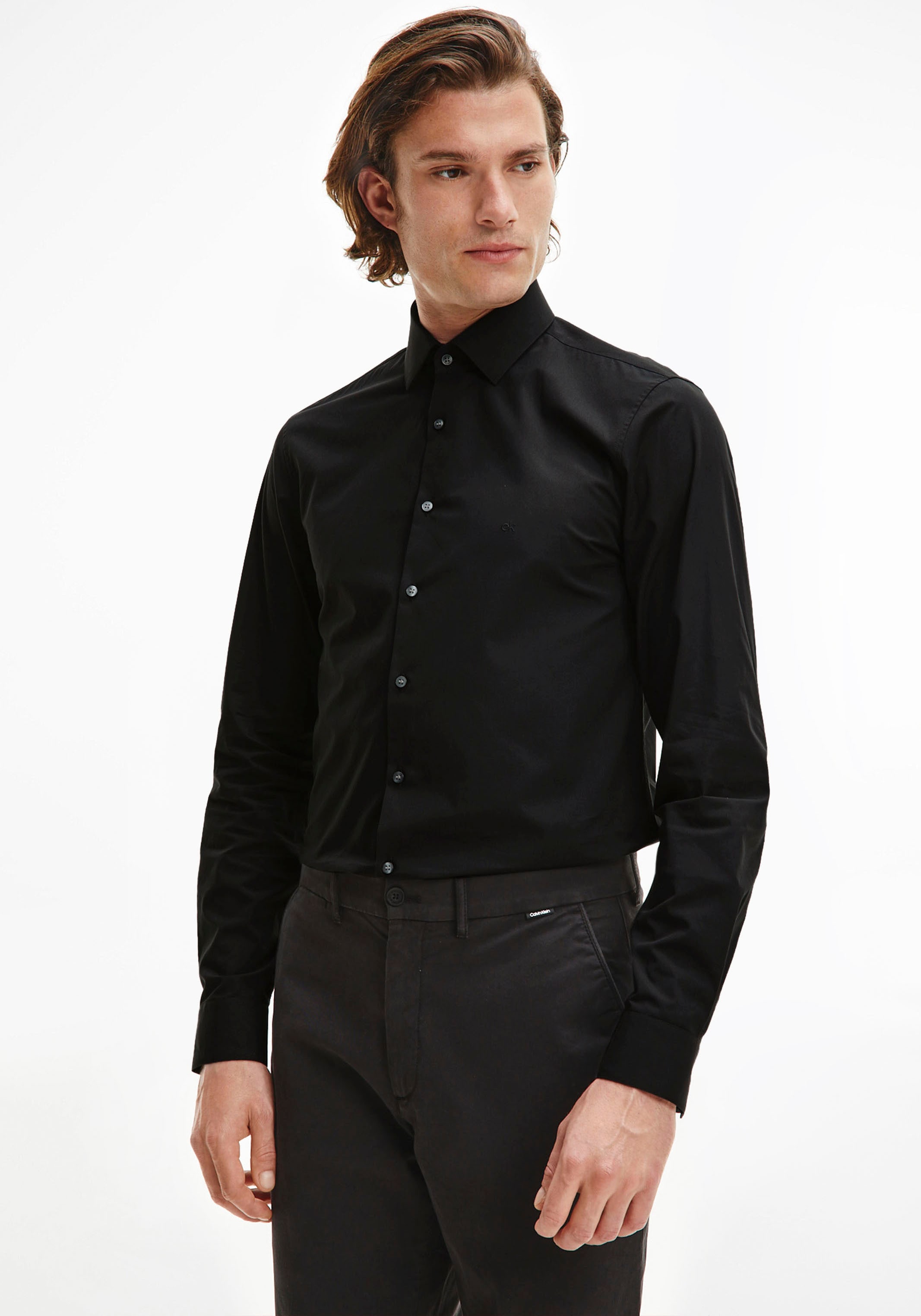 Calvin Klein Businesshemd "POPLIN STRETCH SLIM SHIRT", mit Kentkragen, Logoprint auf Brusthöhe