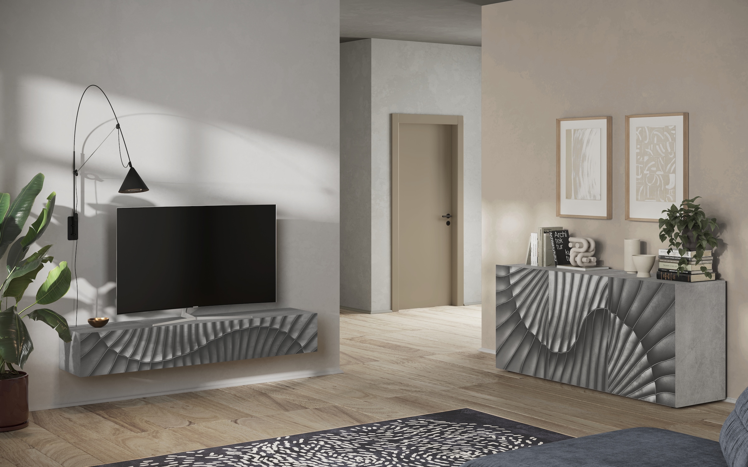 INOSIGN Lowboard »Snake Breite 180 cm, modernes TV-Board hängend mit 1 Klappe,«, TV-Möbel, TV-Schrank, Front mit Siebdruck