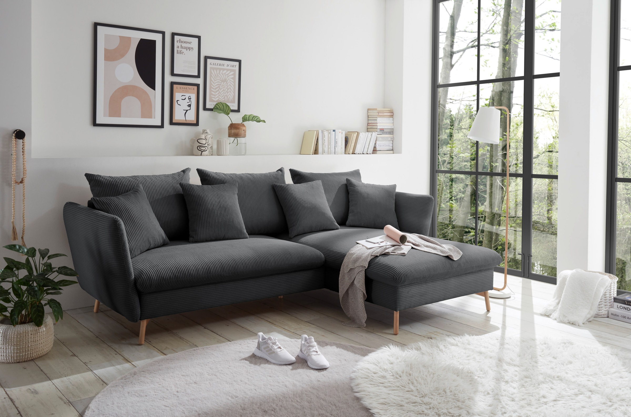 andas Ecksofa »MERLE, 258 cm, L-Form, traumhafter Cord,«, mit Bettfunktion und Bettkasten, Liegefläche 224 x 139