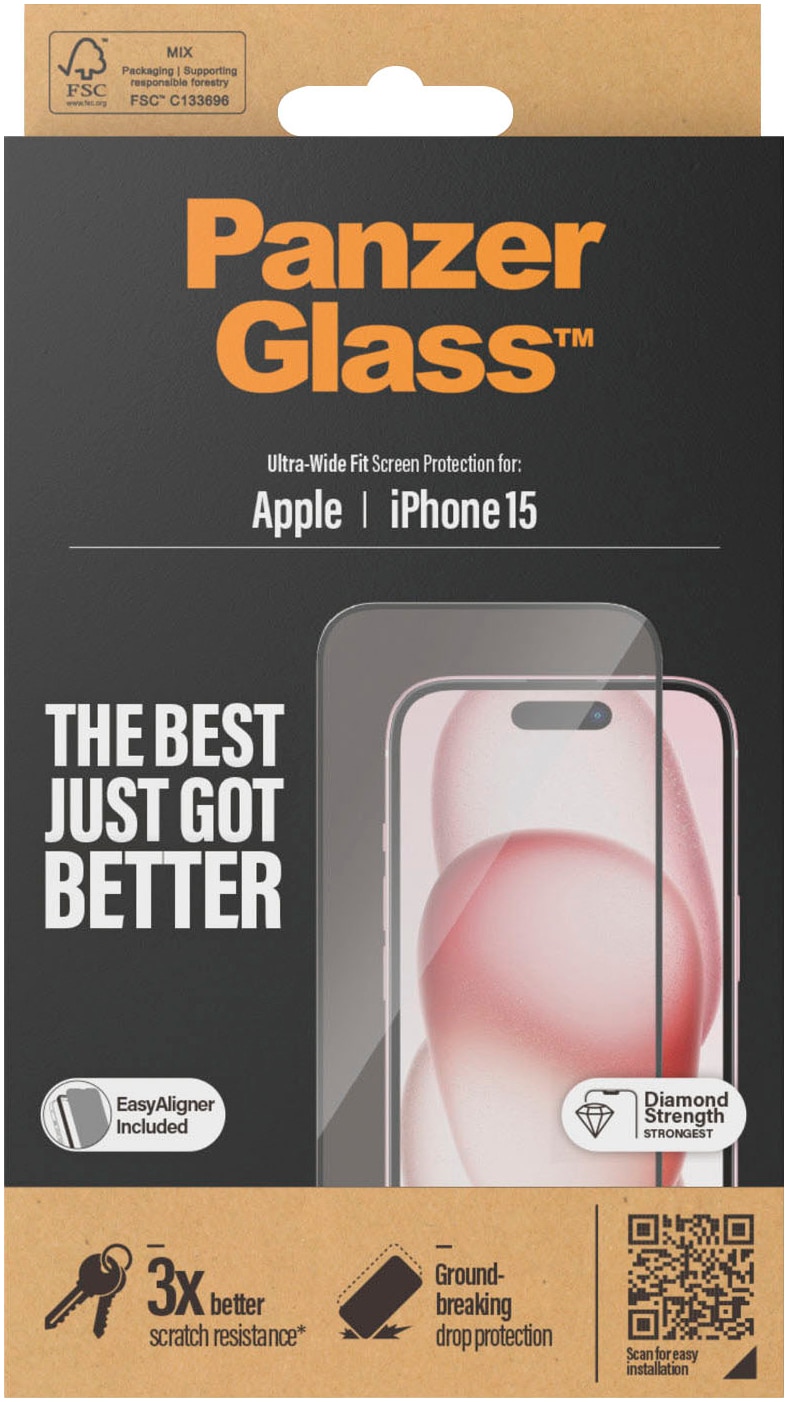 PanzerGlass Displayschutzglas »Displayschutz iPhone 15«, für iPhone 15, (1 St., Displayschutz mit Installationshilfe EasyAligner), Kratz-& Stoßfest, Antibakteriell, Vergilbungsresistent