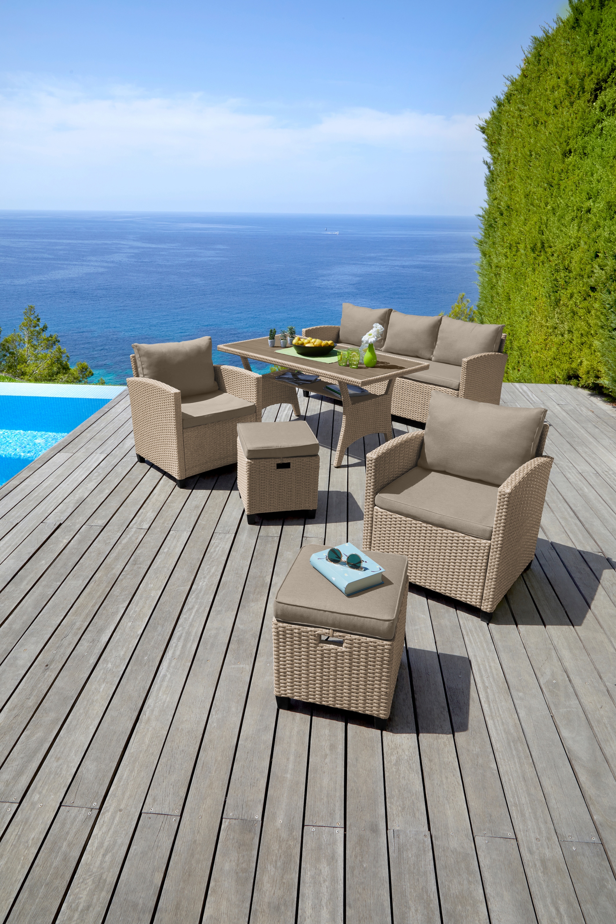 KONIFERA Gartenlounge-Set »Amsterdam«, (Set, 16 tlg., 1x 3er Sofa, 1x 2 Sessel, 2x Hocker, 1xTisch 144,5x74x67cm,Polyrattan), Stahl, Ablagefläche unter dem Tisch, Loungeset