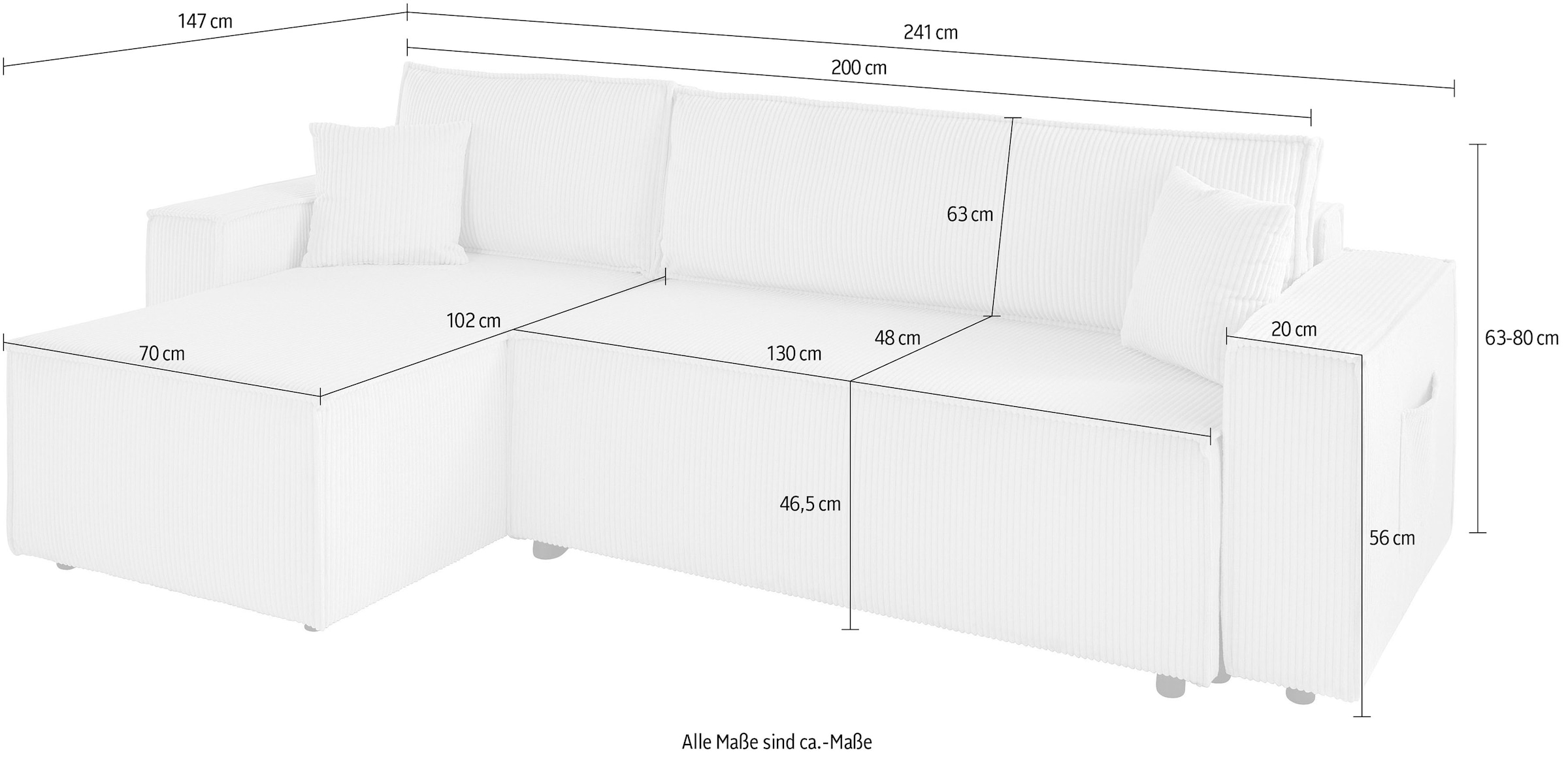 OTTO home Ecksofa »CASSI, 241cm, L-Form, Schlafsofa, Dauerschläfer, Boxspringfederung«, Schlaffunktion (133/200),Bettkasten, Recamiere links/rechts, Cord