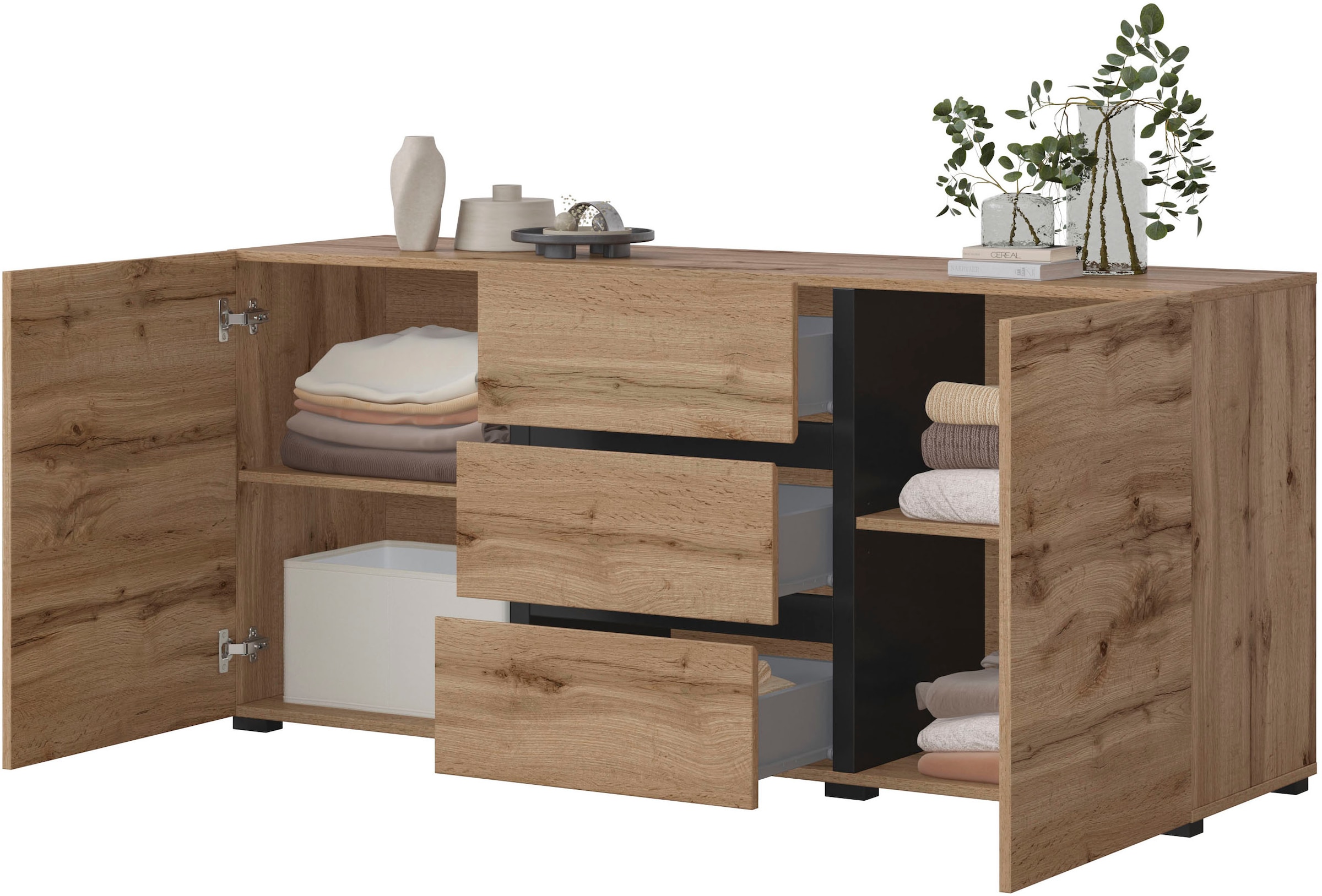 OTTO home Sideboard »Cross, Breite 150 cm, moderne grifflose Kommode, 2Türen/3 Schubkästen« Schubladenkommode mit viel Stauraum, Einlegeböden verstellbar