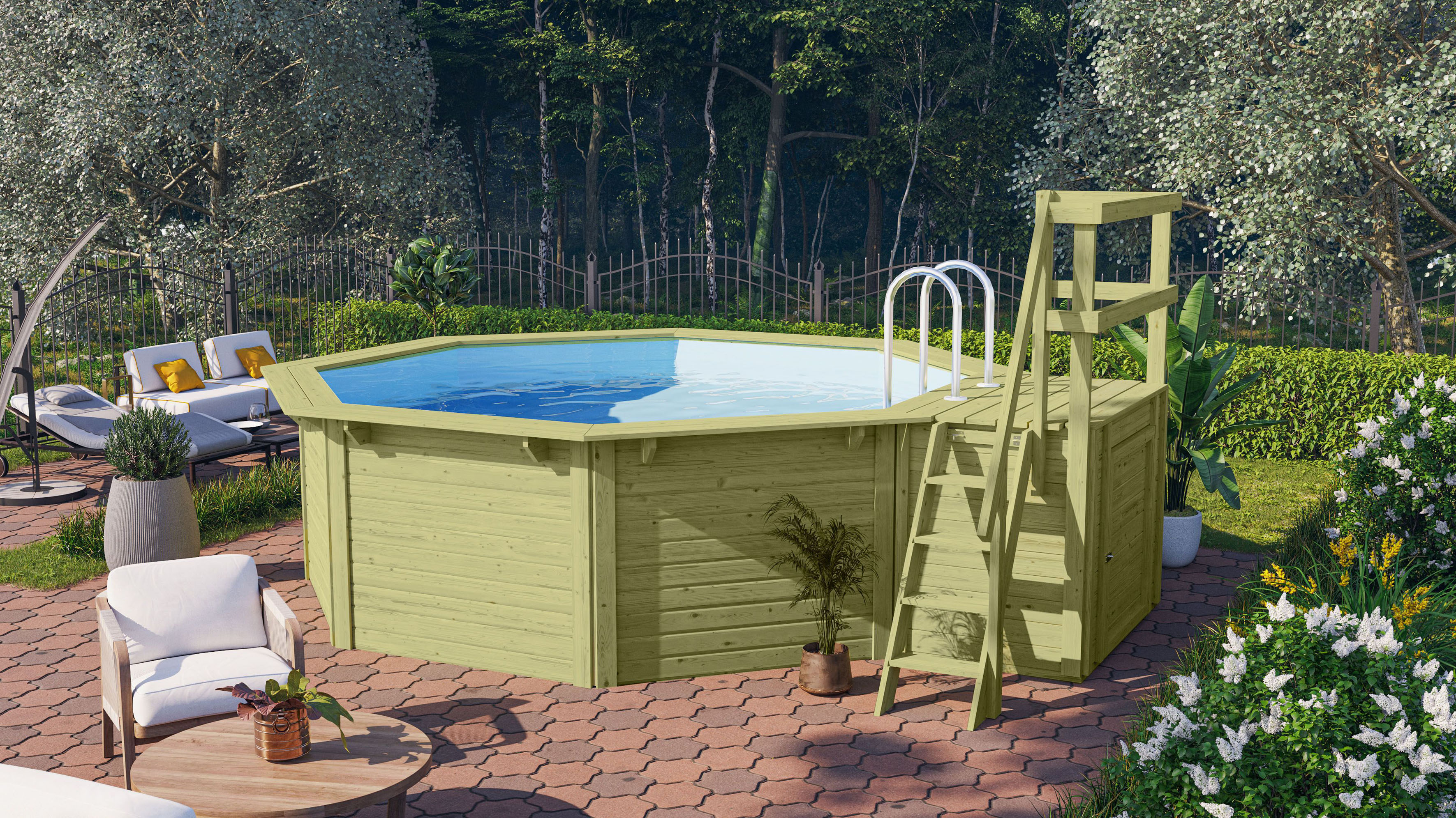 Karibu Achteckpool "Rimini 1X mit Sonnendeck" BxLxH: 480x400x121cm