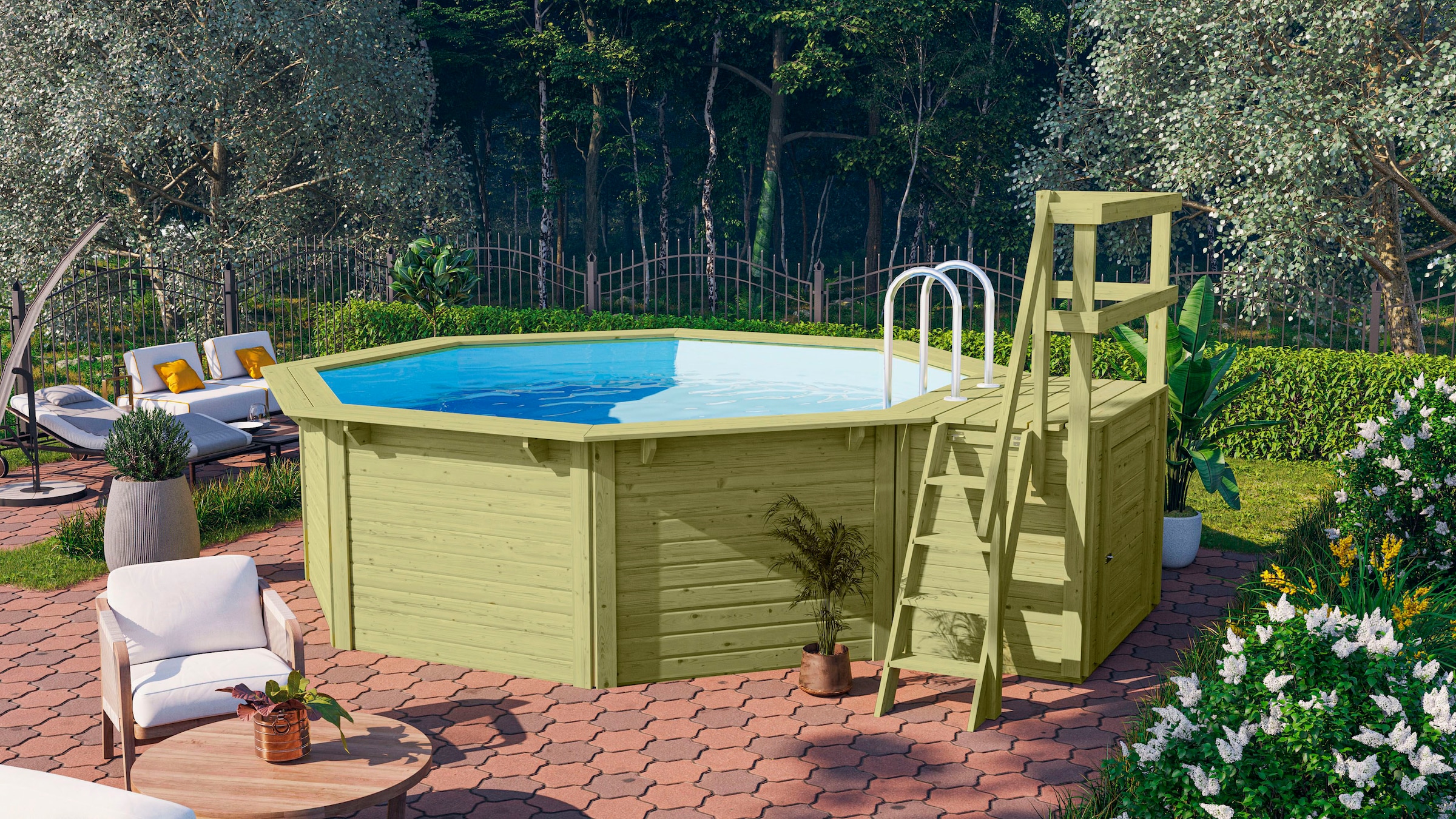 Karibu Achteckpool "Rimini 1X mit Sonnendeck", (Set, 7 tlg.), BxLxH: 480x400x121cm