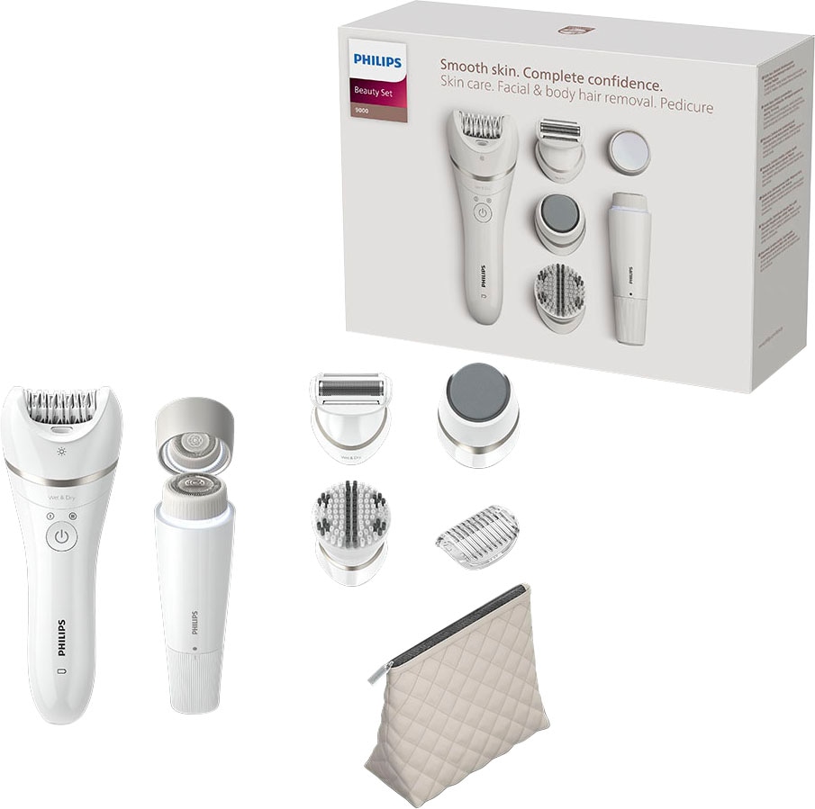 PHILIPS Damen Epilierer "Beauty Set Series 9000 BRE770/92", weiß, B:26,5cm H:18,8cm T:9,2cm, Epilierer, inkl. Gesichtshaarentferner und Tasche,