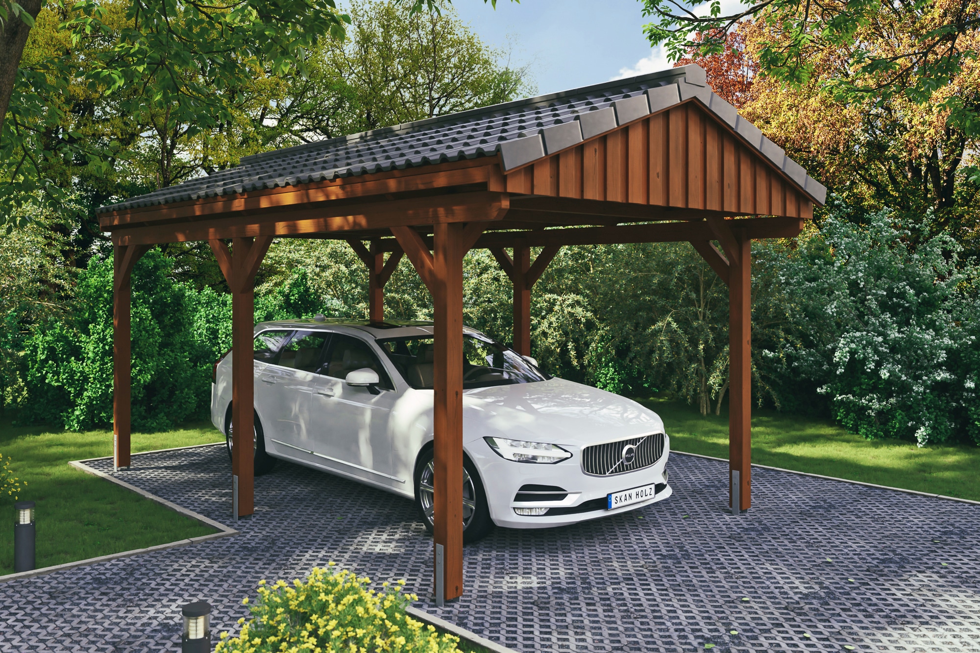 Skanholz Einzelcarport "Fichtelberg" Leimholz braun mit Dachlattung