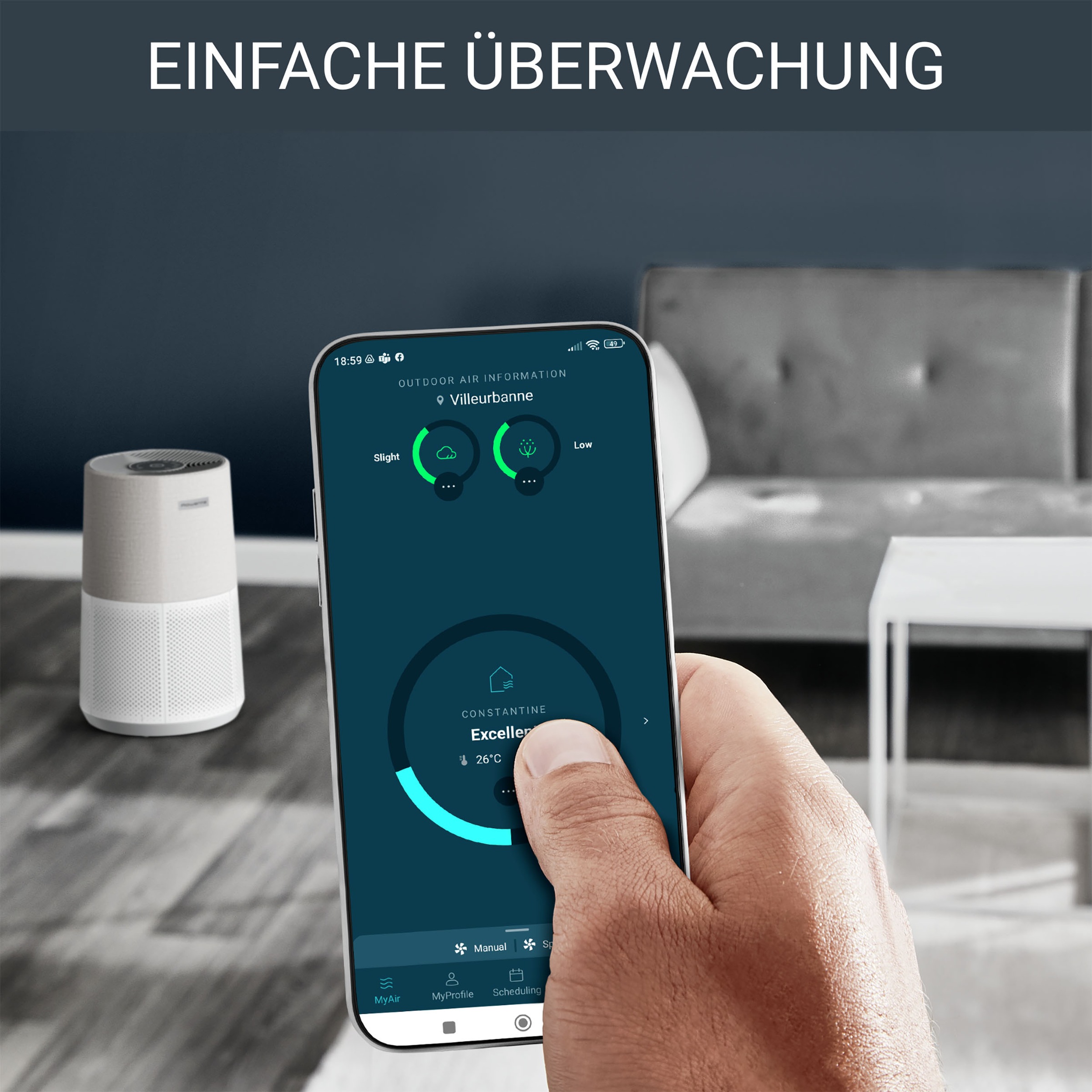 Rowenta Luftreiniger »PU2840 Pure Air City«, für 20 m² Räume, 360° HEPA-Filtration, App, 3 Filterstufen, 38 dB(A), Textil-Finish