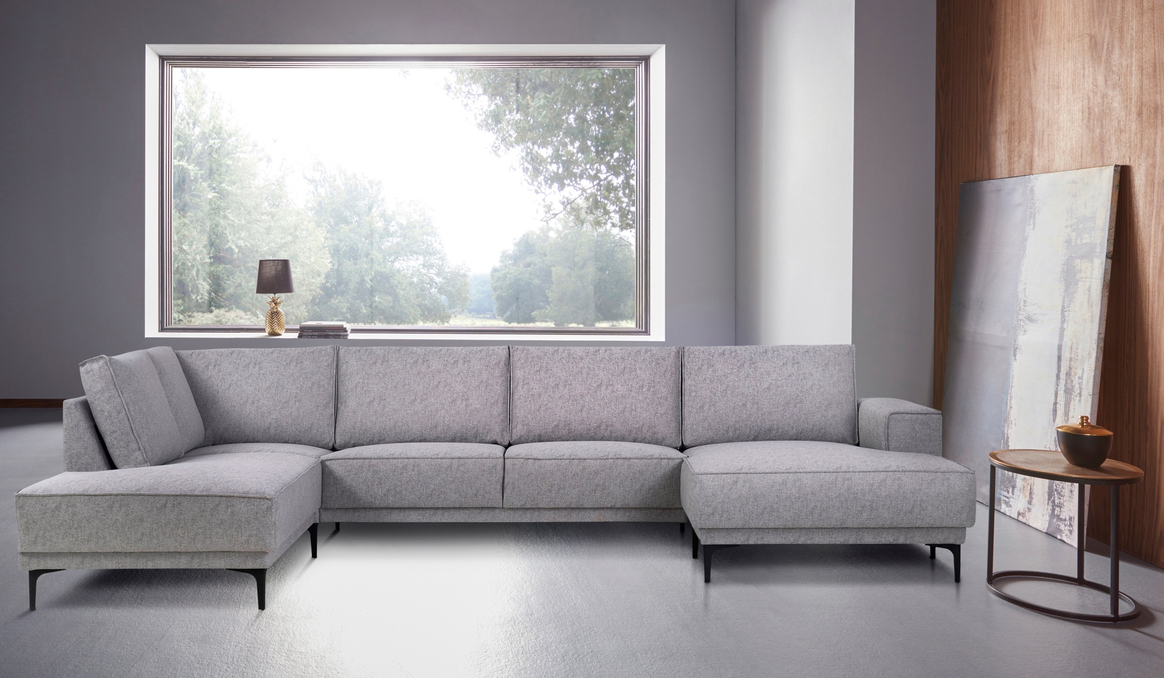 Places of Style Wohnlandschaft »XXL Sofa Oland, Struktur, Flachgewebe, Luxus-Microfaser, Boucle«, U-Form, 345 cm, Wellenunterfederung, Skandi-Design, Metallfüße