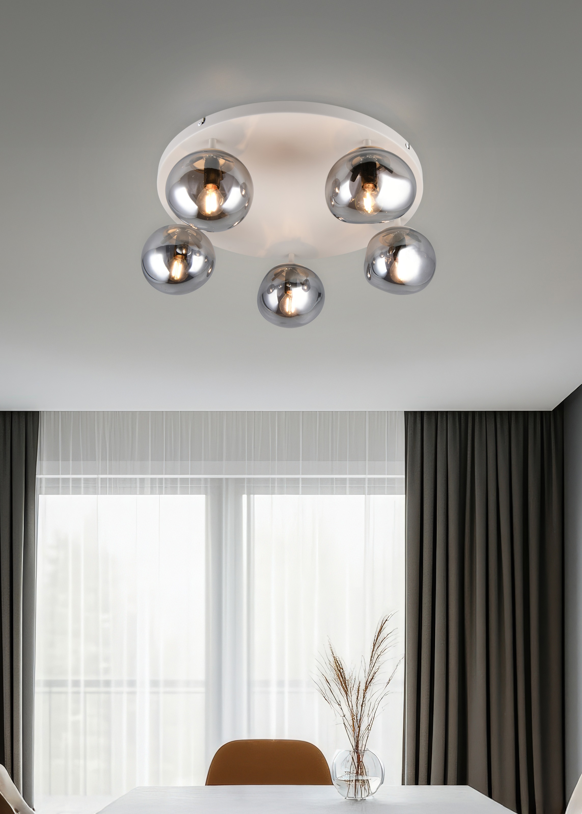 s.Oliver Deckenleuchte »ANJELLA, Deckenlampe exkl 5x E14 max 10W, in warm grey + smoke Glas,«, 5 flammig, Leuchtmittel E14 | Leuchtmittel wechselbar, mit mundgeblasenen Glas Lampenschirmen in rauchgrau, Ø gesamt 59cm