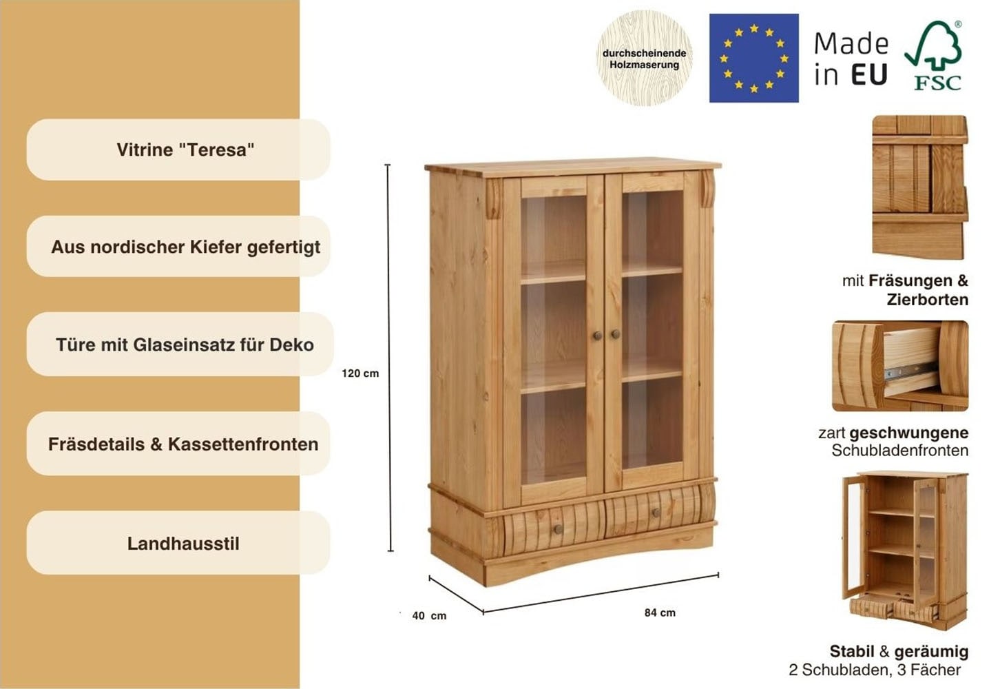 Home affaire Vitrine »Teresa«, (Maße (B/T/H): ca. 84/40/120 cm), mit 2 Glastüren und 2 Schubladen, Höhe 120 cm, aus Massivholz