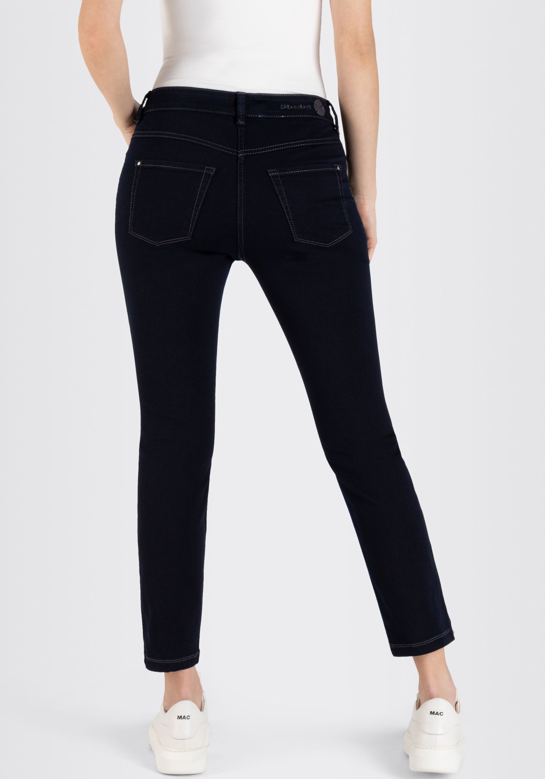 7/8-Jeans MAC "Dream Chic", Damen, Gr. 42, Länge 27, blau (dunkelblau rinsed), Denim/Jeans, Obermaterial: 65% Baumwolle, 31% Polyester, 4% Elasthan, Abriebeffekte, sehr figurbetont 7/8-Länge, Jeans, verkürzte Form mit Reißverschluss 4