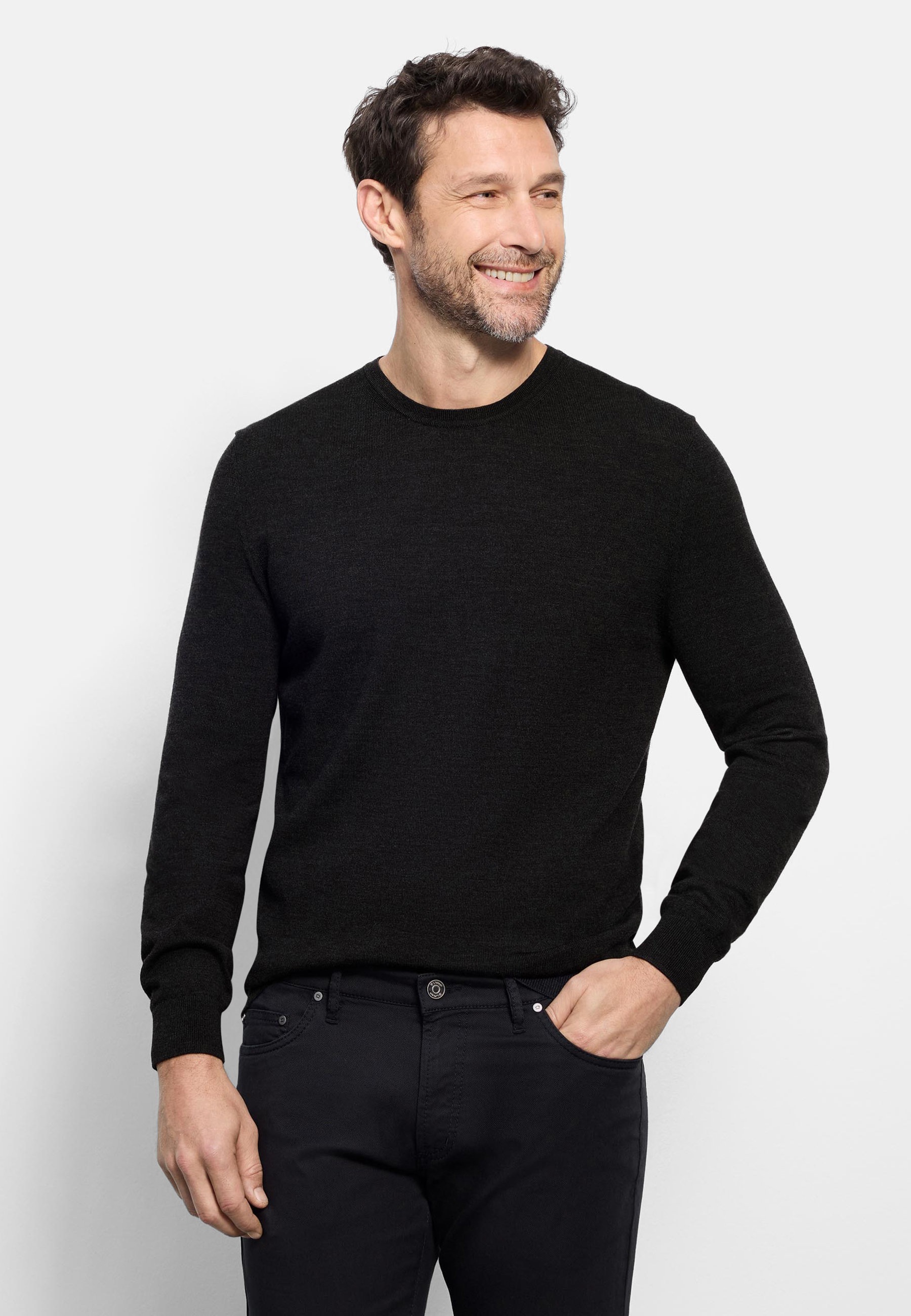 Rundhalspullover OLYMP "OLYMP Strick Casual", Herren, Gr. S, grau (graphit), Obermaterial: 100% Schurwolle, normal, Rundhals, Pullover Rundhalspullover, moderner Strickpullover