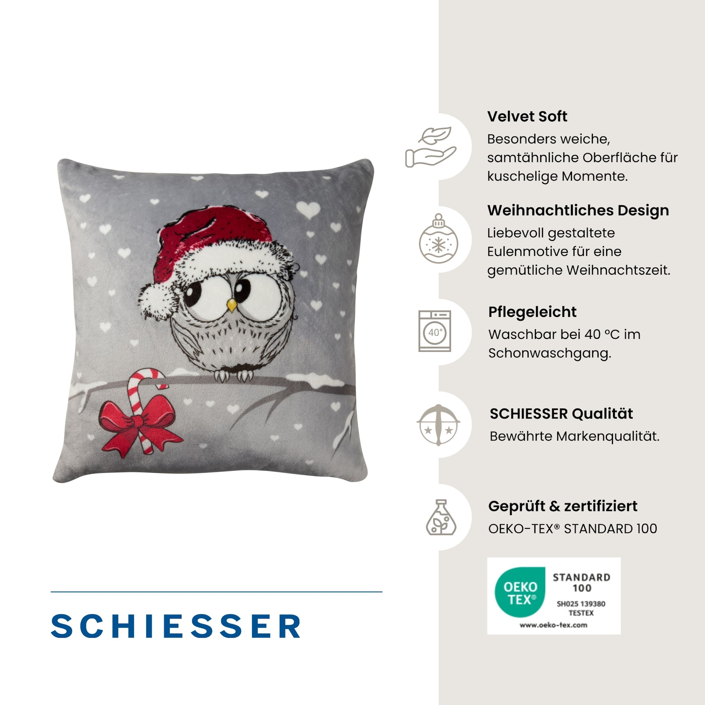 Schiesser Dekokissen »Dekokissen Thea, weiches Zierkissen mit weihnachtlichem Eulenmotiv« OEKO-TEX STANDARD 100