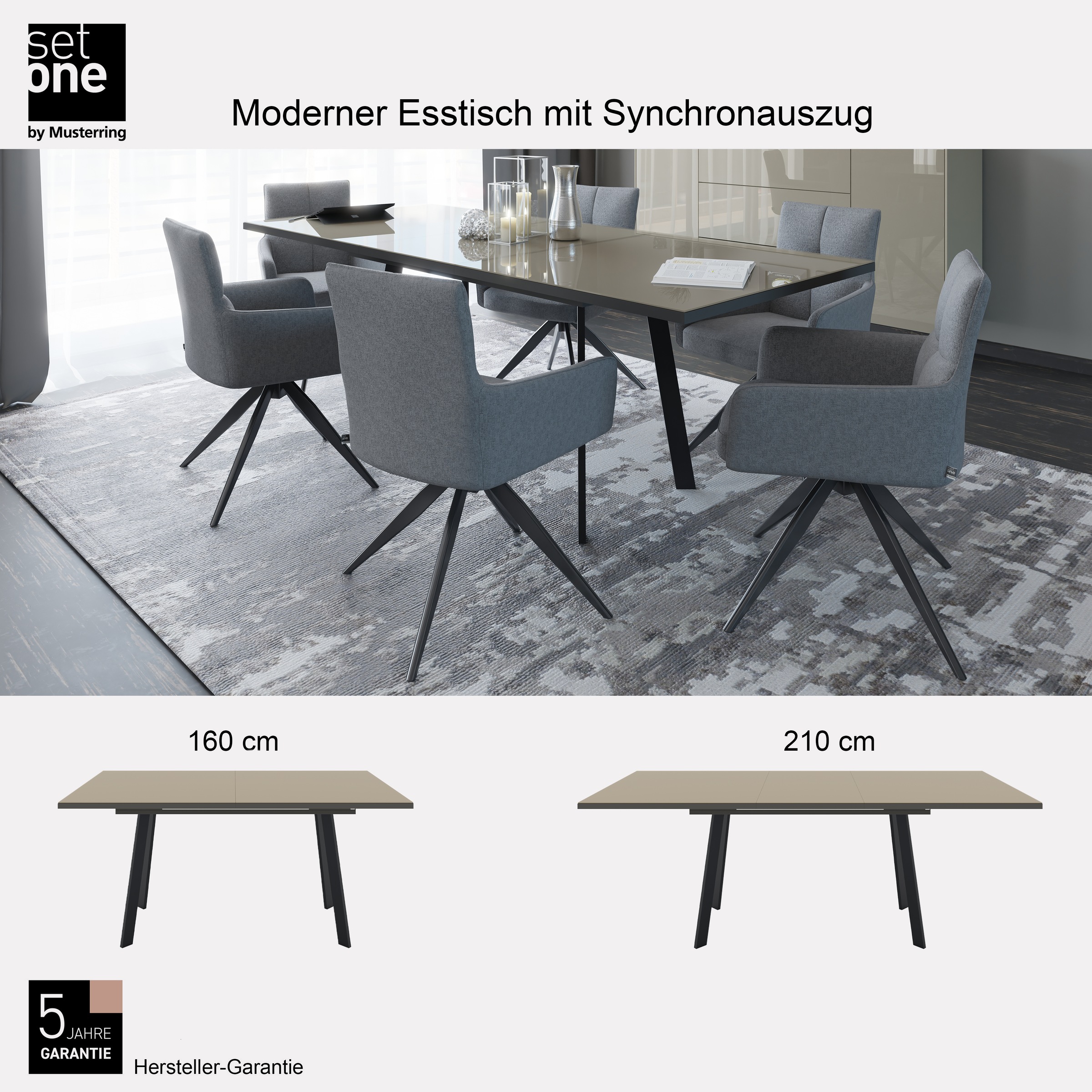 Esstisch "Reno", schwarz feinstruktur, glas taupe glanz, schwarz feinstruktur, glas taupe glanz, B:160cm H:75cm T:90cm, SET ONE BY MUSTERRING, Tische, Esstisch, Mit Vierkantfuß, wählbaren Gestellen und Plattenfarben 3