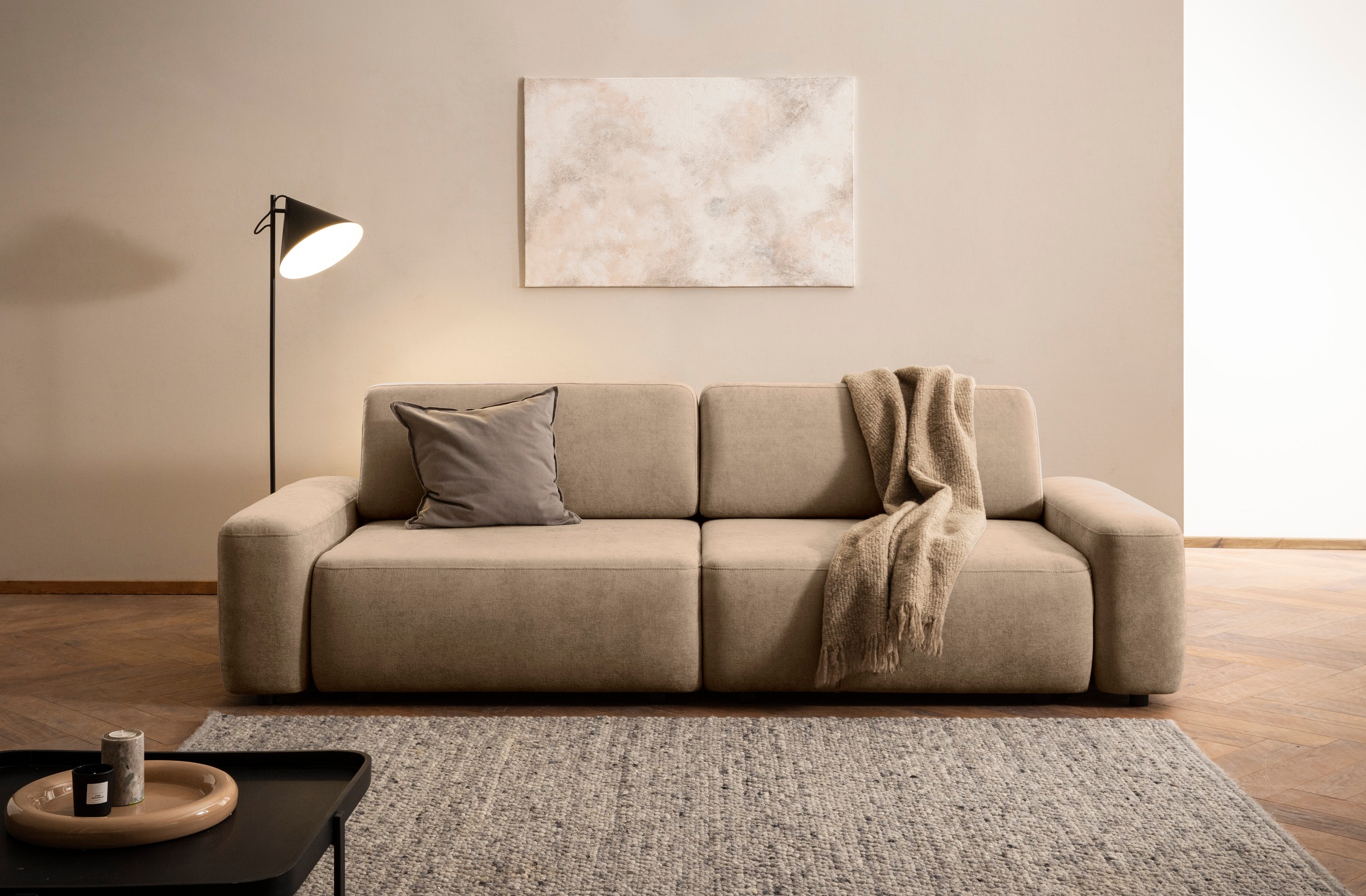 INOSIGN 3-Sitzer »TORGE (257cm), Sofa,Schlafsofa in Cord, Samtvelours, Struktur fein«, rundes Design, Schlaffunktion u. Bettkasten, Liegefläche: 135/200 cm