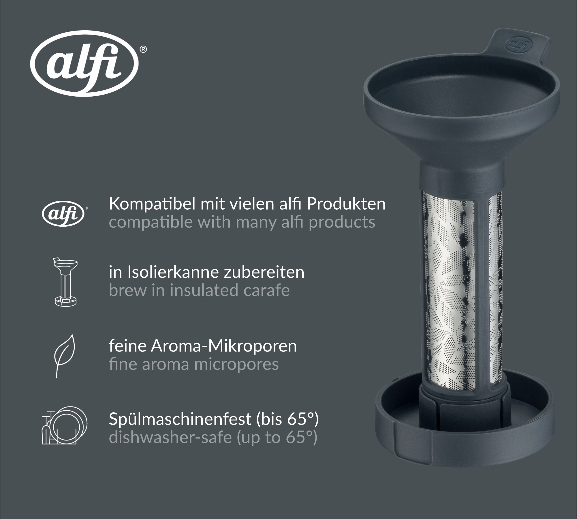 Alfi Teesieb »AROMA TEA Teefilter graphite« mit abnehmbarem Boden und Abtropfschale