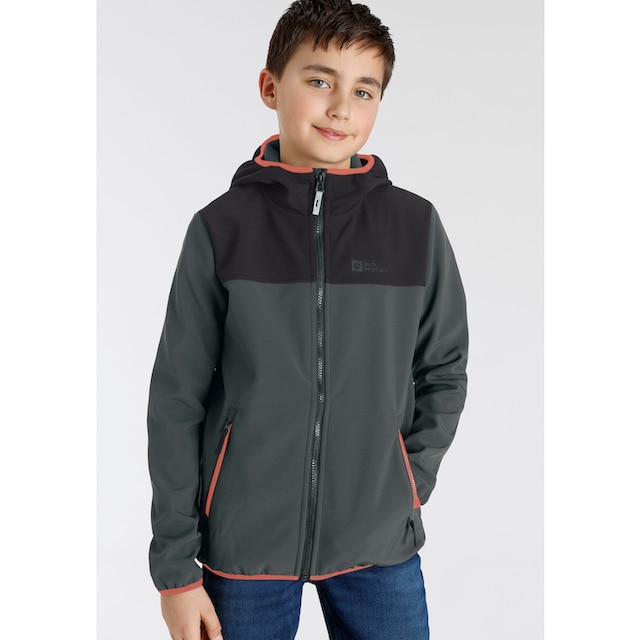 Jack Wolfskin Softshelljacke »FOURWINDS JACKET KIDS«, mit Kapuze, mit  farblich abgesetzten Details | BAUR