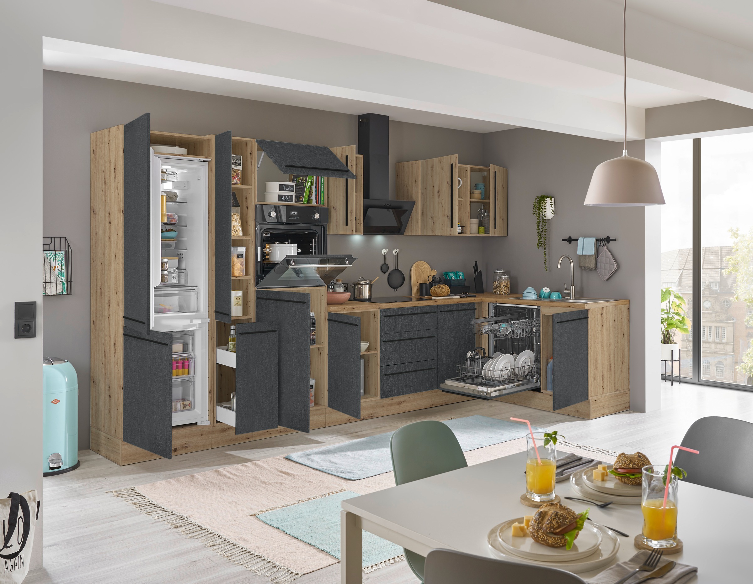 KOCHSTATION Winkelküche »Florida, Stellbreite 370x175 cm«, wahlweise mit E-Geräten, mit Softclose für Türen und Schubkästen