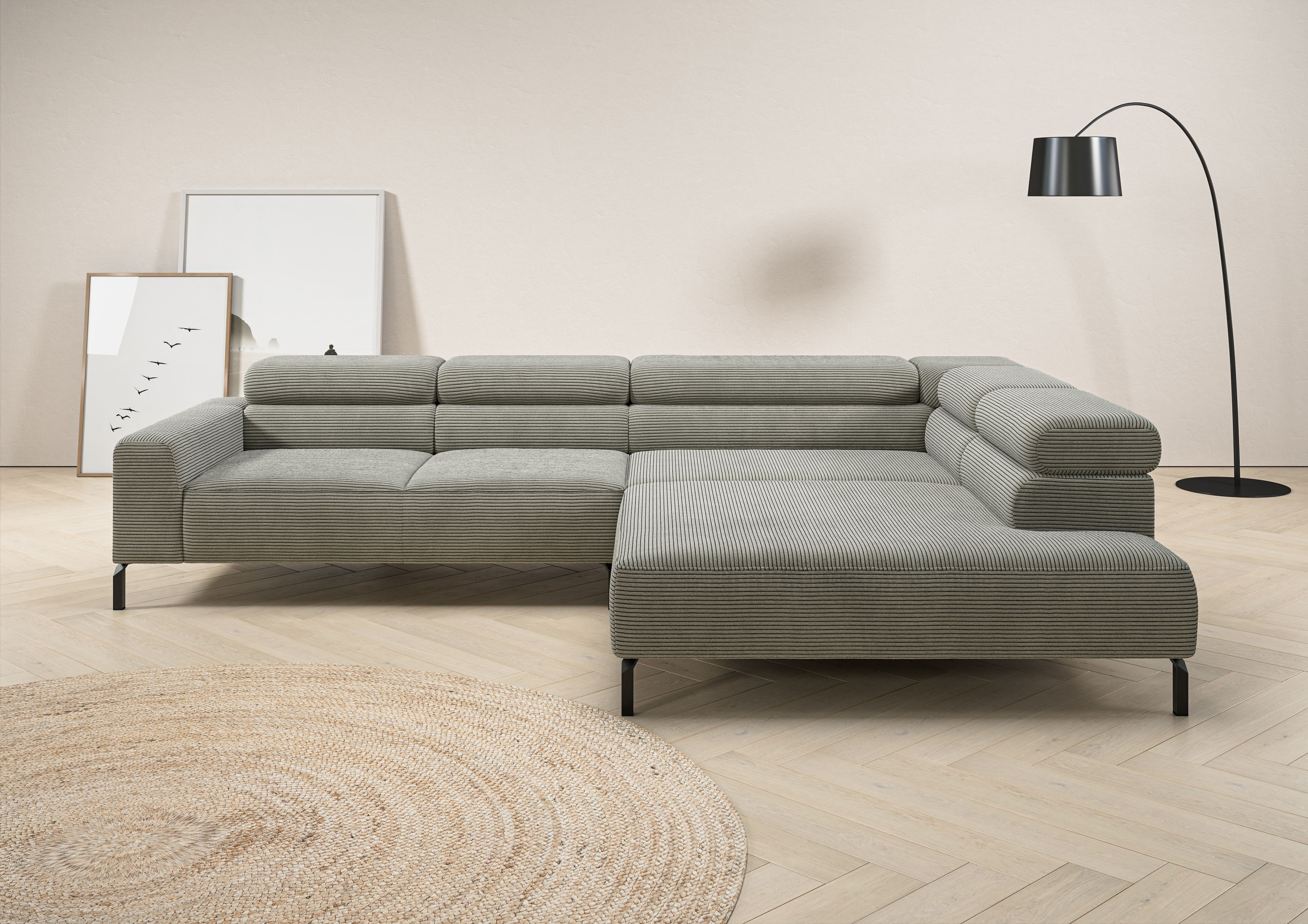 Home affaire Ecksofa "Antonelli, L-Form, incl. Kopfteilverstellung, Breite 312 cm" ohne Sitztiefenverstellung, in Cord, stone
