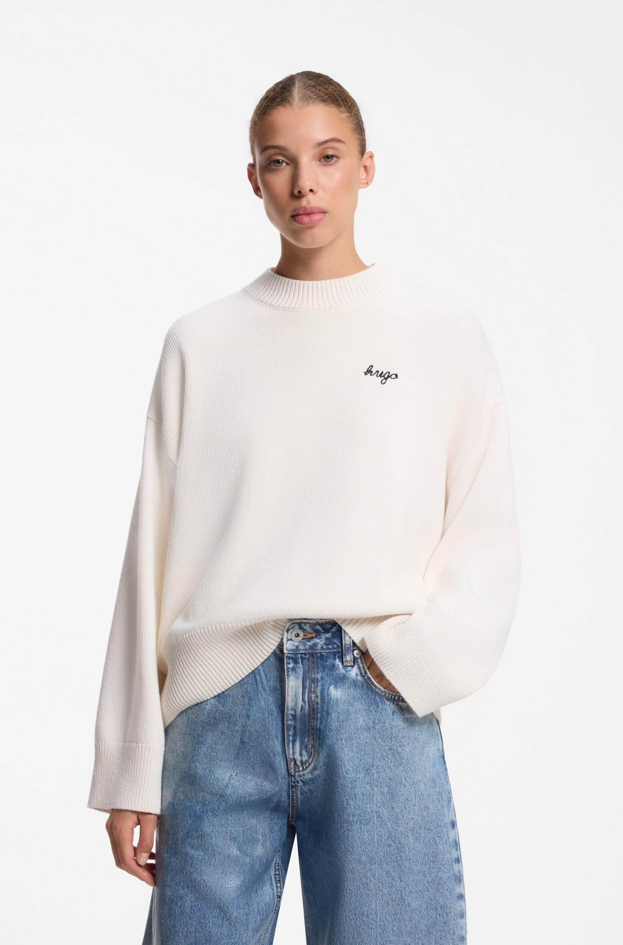 HUGO Strickpullover "Shenny" mit Stehkragen, Oversize Fit, Stickerei