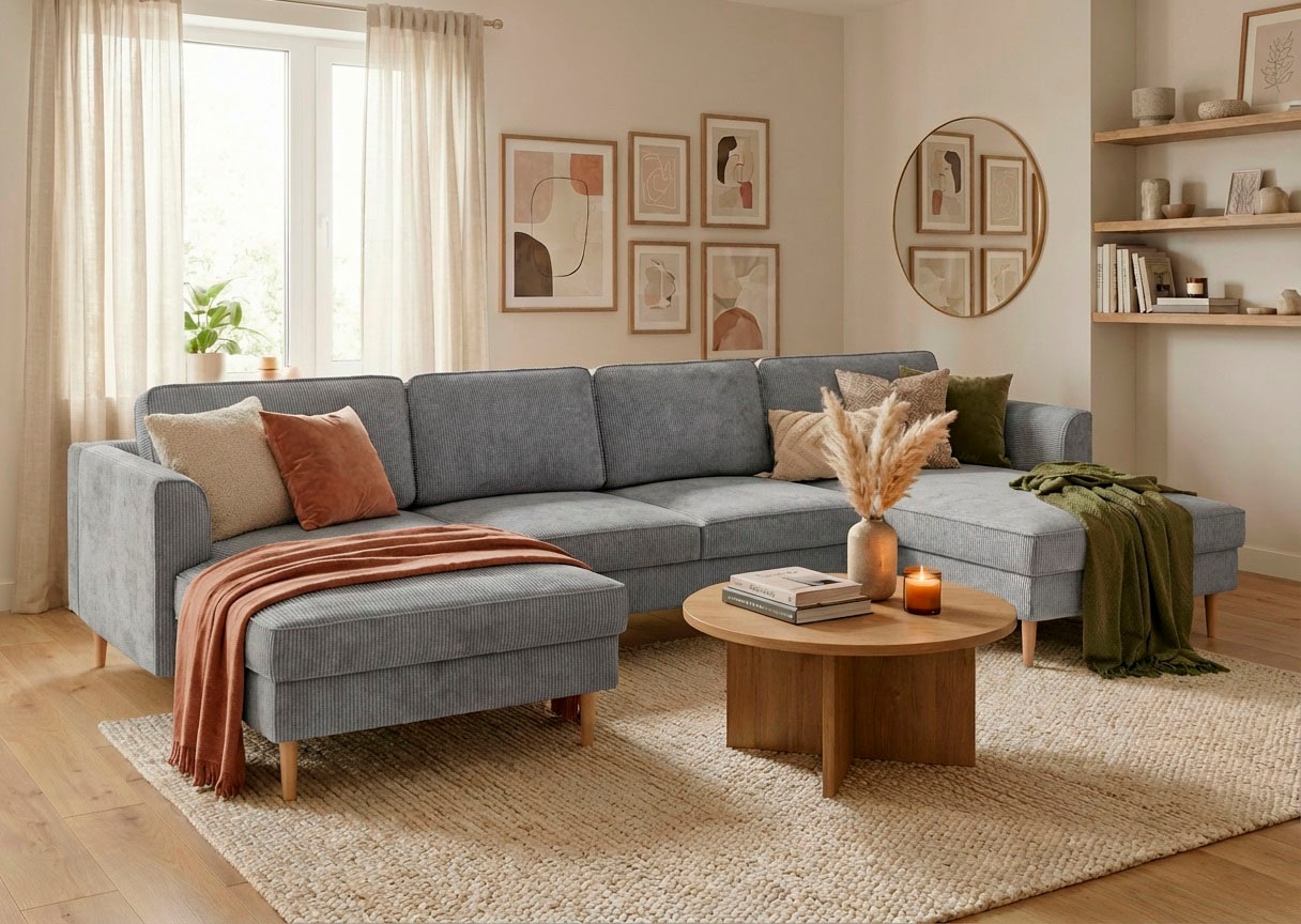 Home affaire "Booster, whlw. mit Schlaffunktion & Bettkasten, Fuß Buche lackiert" Sofa in U-Form, Breite 305 cm, in Cord oder Struktur