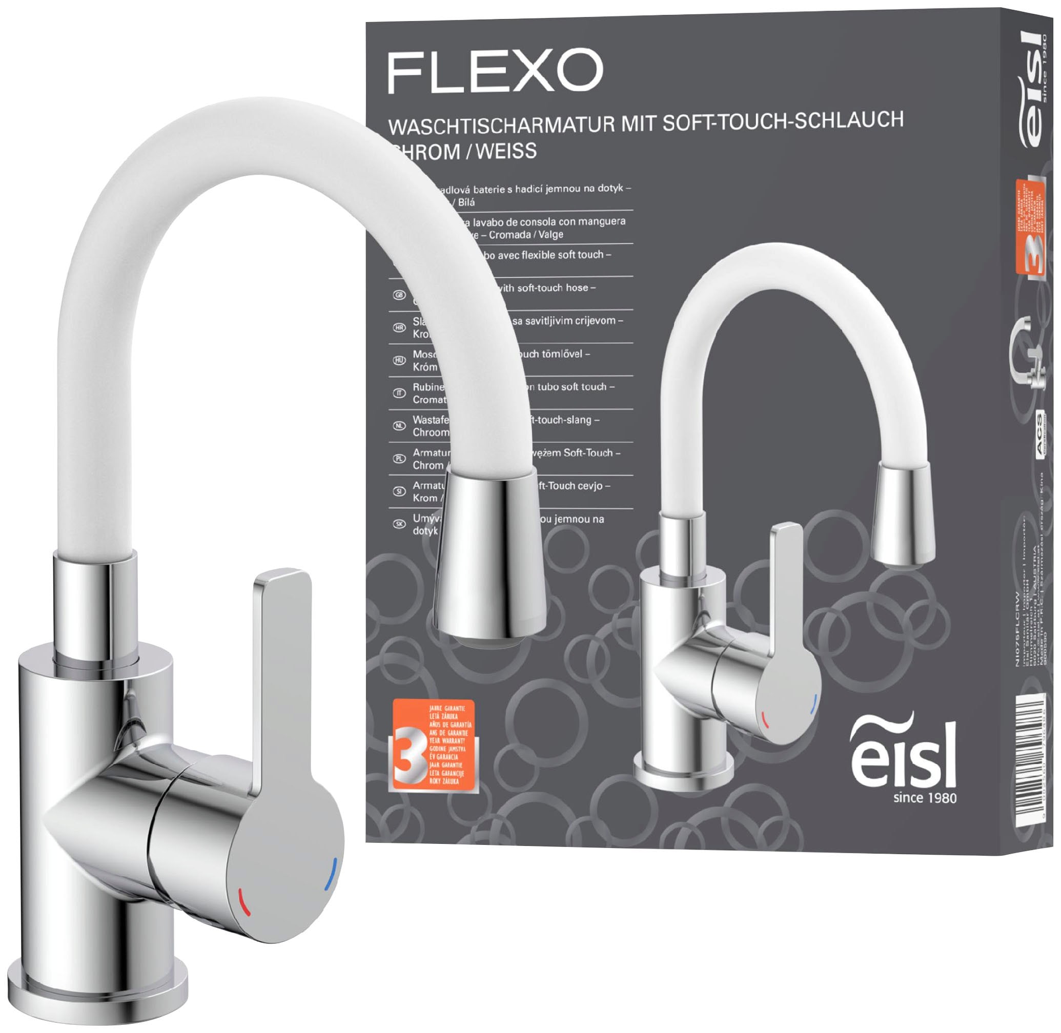 Eisl Waschtischarmatur "Flexo", energiesparender Wasserhahn, Mischbatterie Waschbecken, in Weiß/Chrom