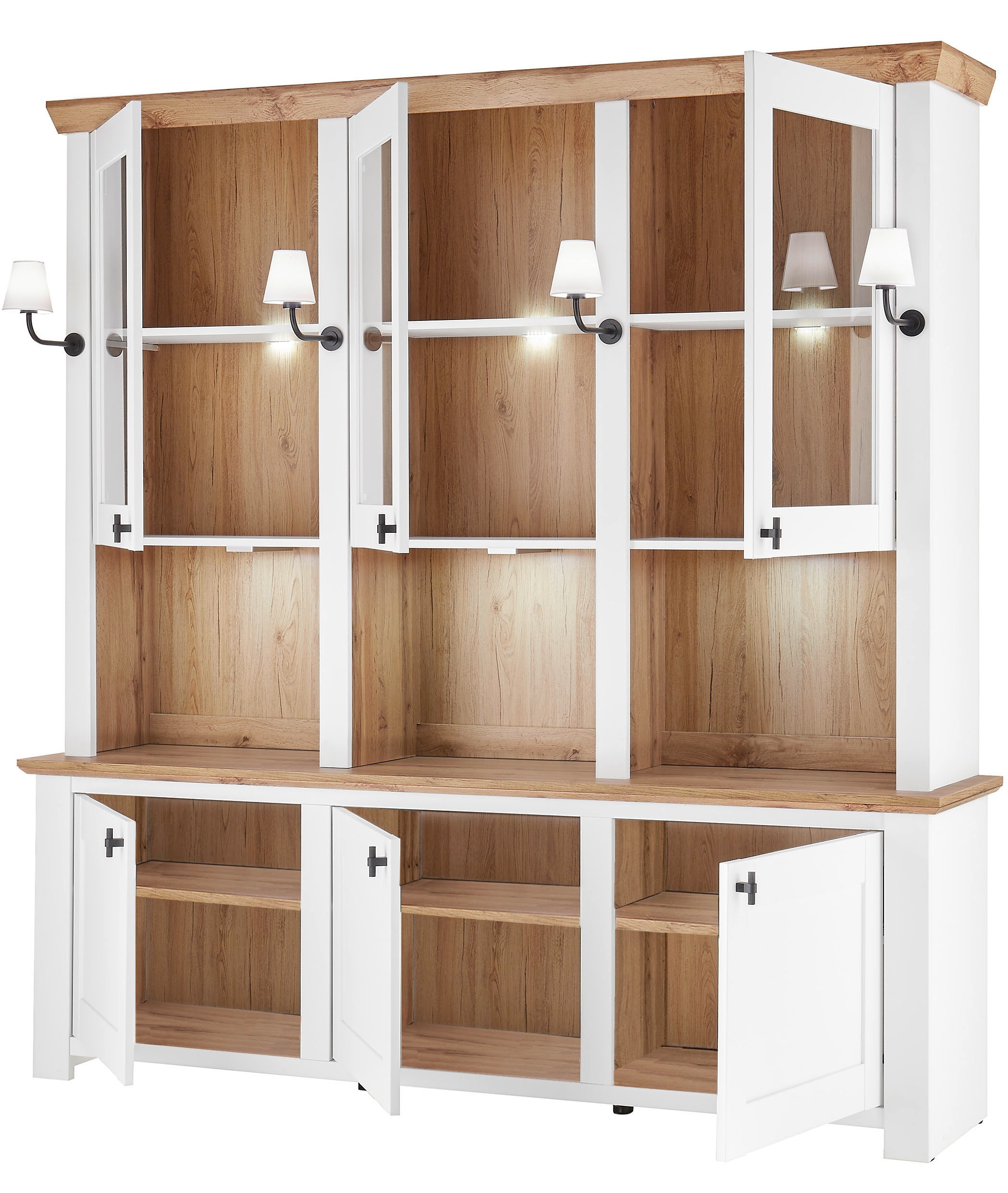 Home affaire Buffet »Bristol, Bücherschrank im Landhausstil, moderner Hochschrank« schwarze Metallgriffe, elegante Kranzoptik, mit Beleuchtung