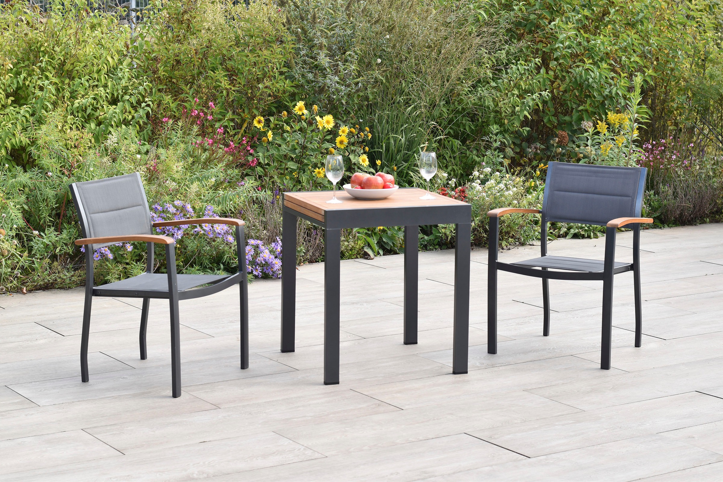 MERXX Balkonset »Paxos« Set, 3 tlg. inkl. 2 Stapelsessel, 1 Balkonausziehtisch