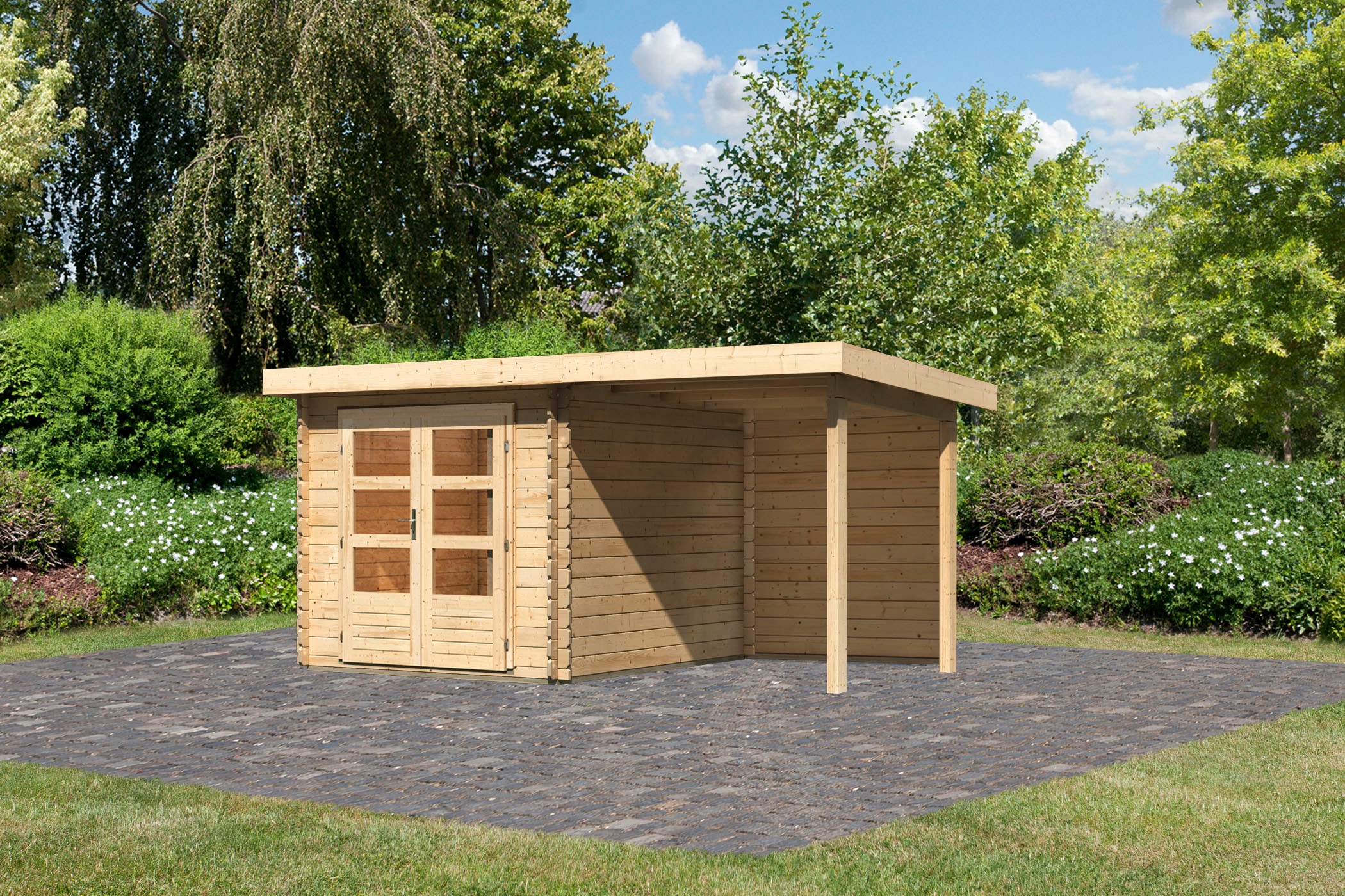 Karibu Gartenhaus "Schloßsee 4" mit Anbaudach und Rückwand günstig online kaufen