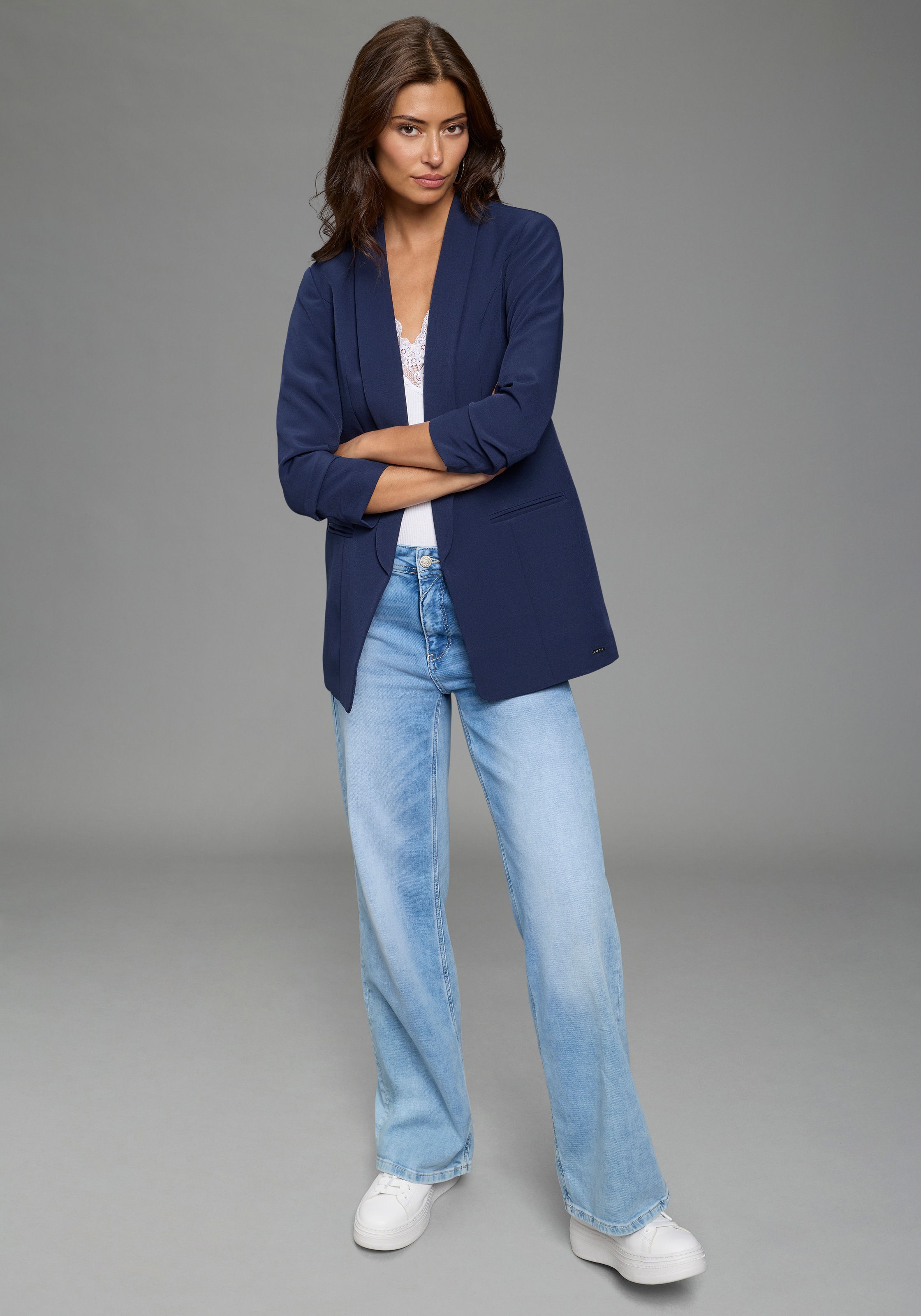 Longblazer LAURA SCOTT, Damen, Gr. 40, navy, Web, Obermaterial: 90% Polyester, 10% Elasthan. Futter: 100% Polyester, unifarben, figurbetont hüftbedeckend, Blazer Longblazer, mit gerafften Ärmeln, Topseller 3