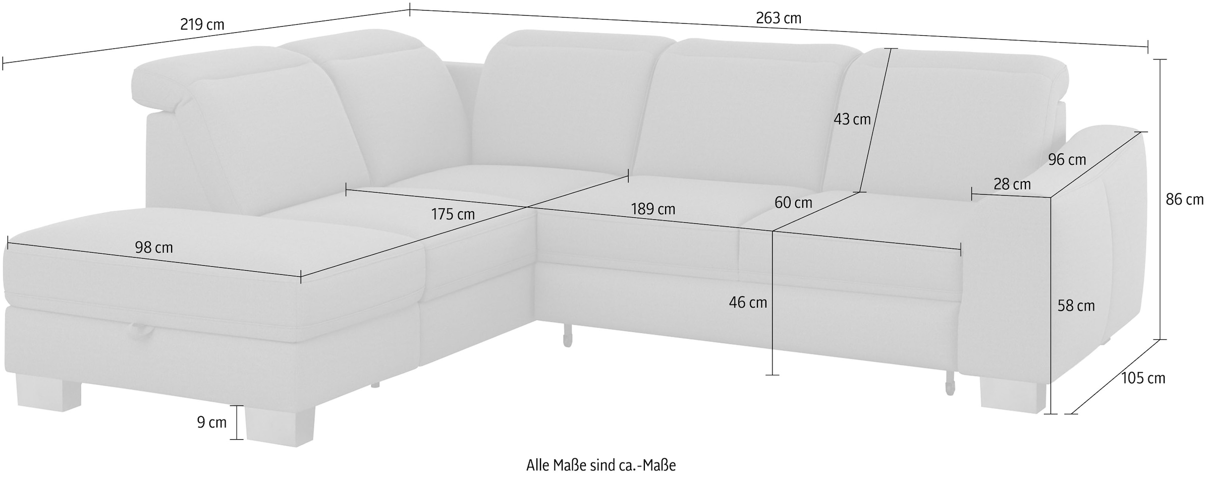 sit&more Ecksofa »Dundee L-Form«, mit Federkern und Edelstahlfüßen, wahlweise mit Kopfteilverstellung