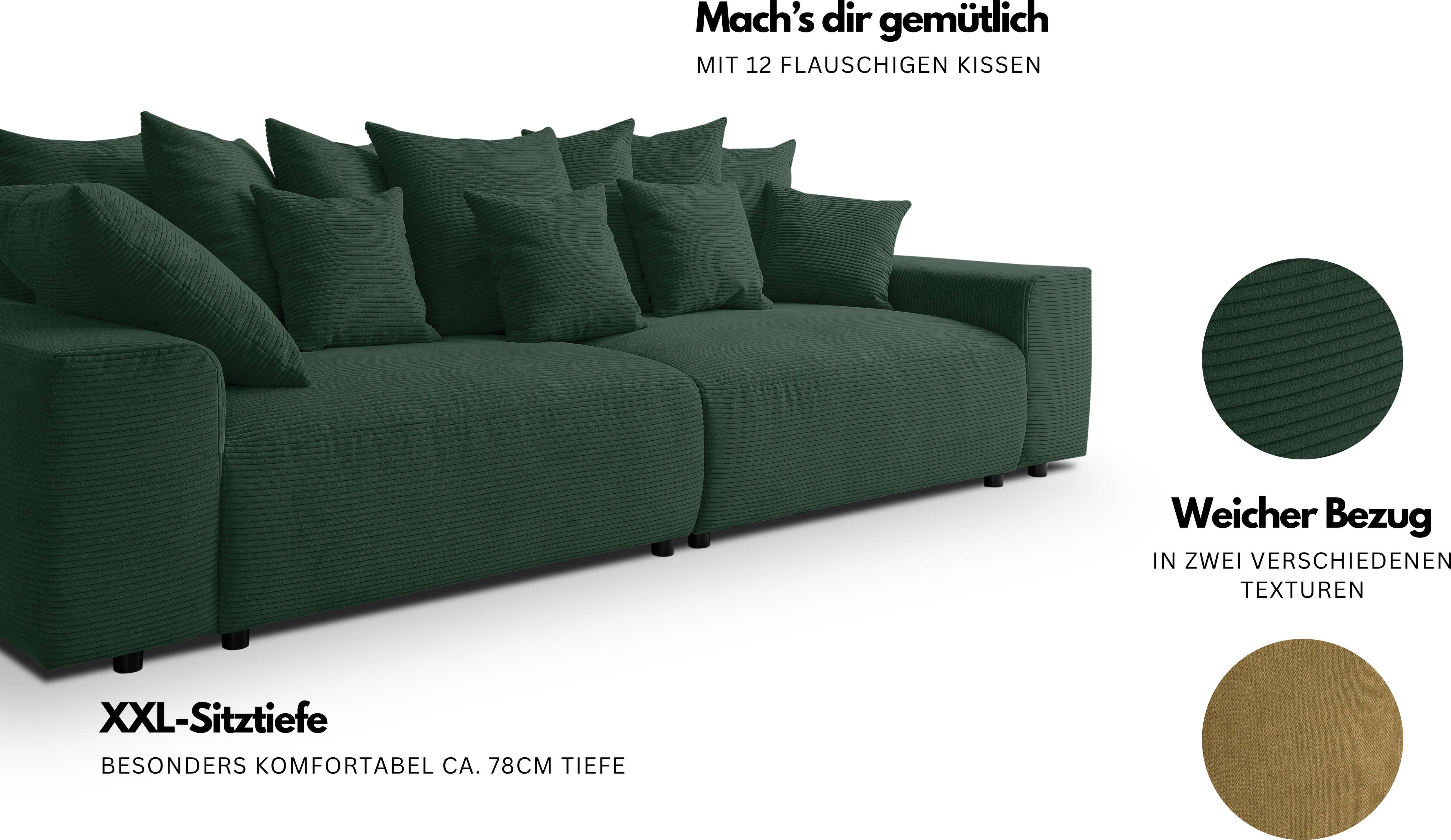 Thumbnail - WERK2 Big-Sofa "Maxi B, Breite 290 cm" Maximaler Kuschelkomfort: XXL-Sofa mit 78 cm Sitztiefe & 12 Kissen