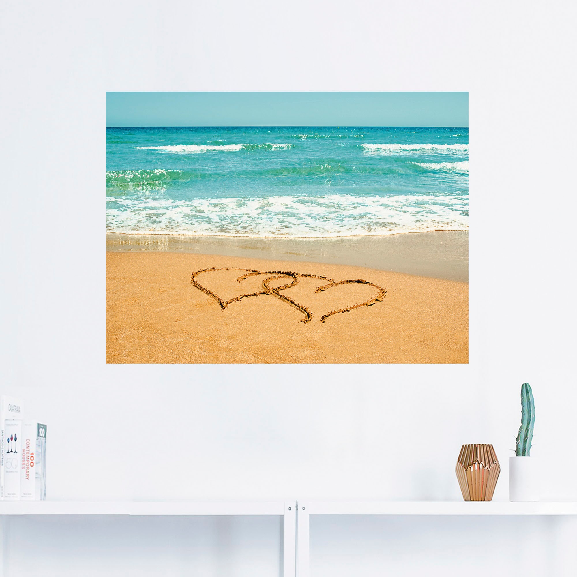 Artland Poster »Herzen im Sand«, Strand, (1 St.), als Alubild, Leinwandbild, Wandaufkleber oder Poster in versch. Größen