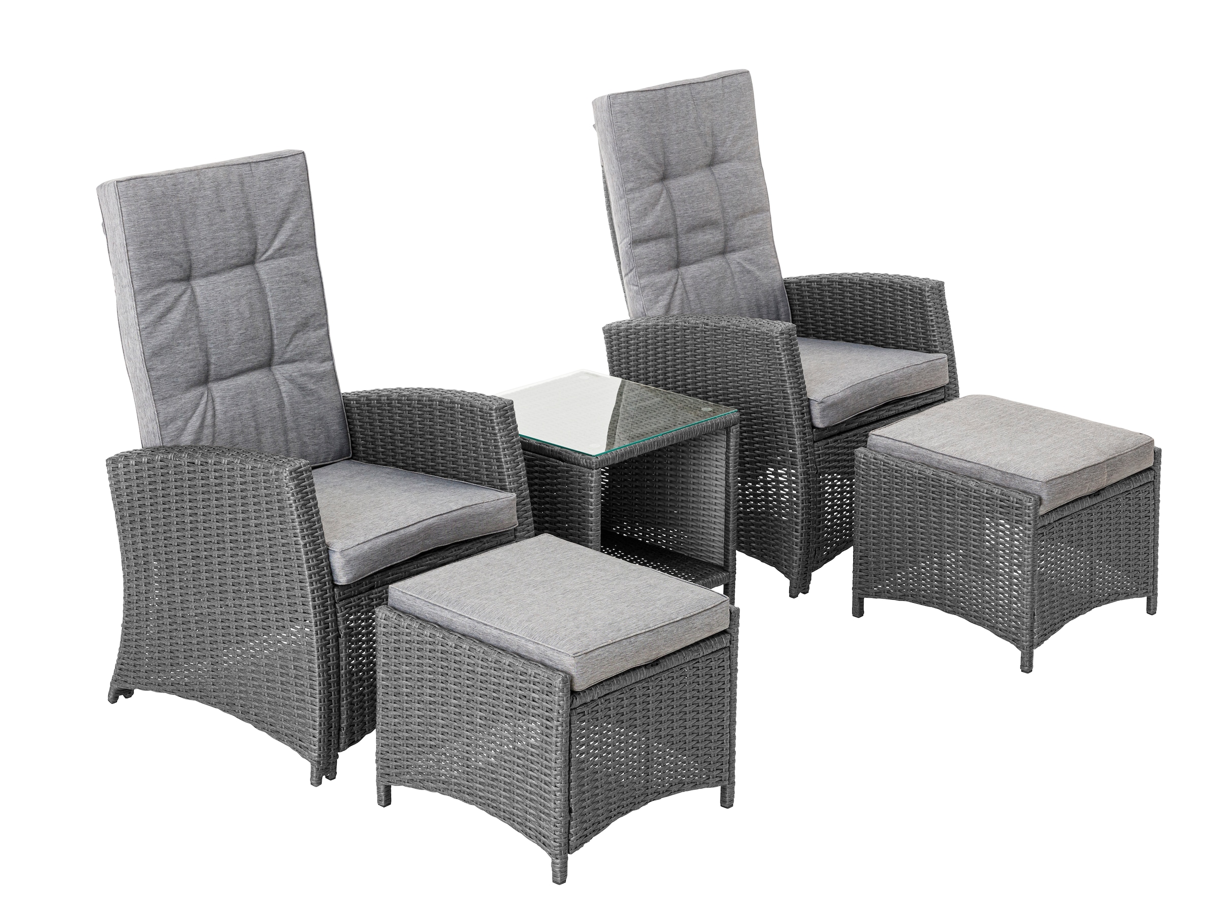 KONIFERA Garten-Essgruppe »»New Paris««, (Set, 11 tlg., 2 Sessel, Rückenlehne verstellbar, Tisch 50x50x51,5 cm, 2 Hocker), inkl. Auflagen, Aluminium/Polyrattan