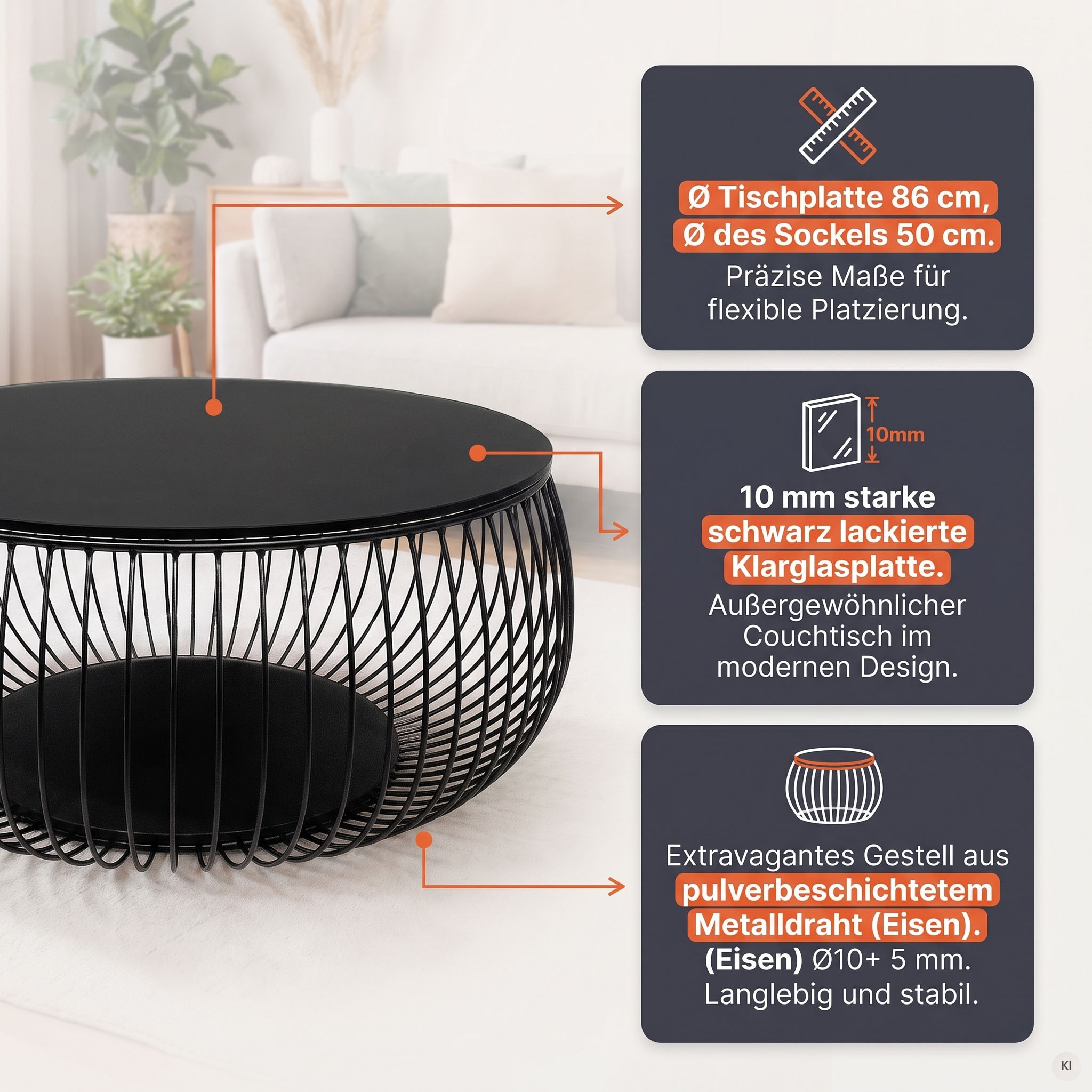 SalesFever Couchtisch »Coffeetable Wohnzimmertisch im minimalistischen Stil« 10 mm starke Klarglasplatte mit Marmordruck