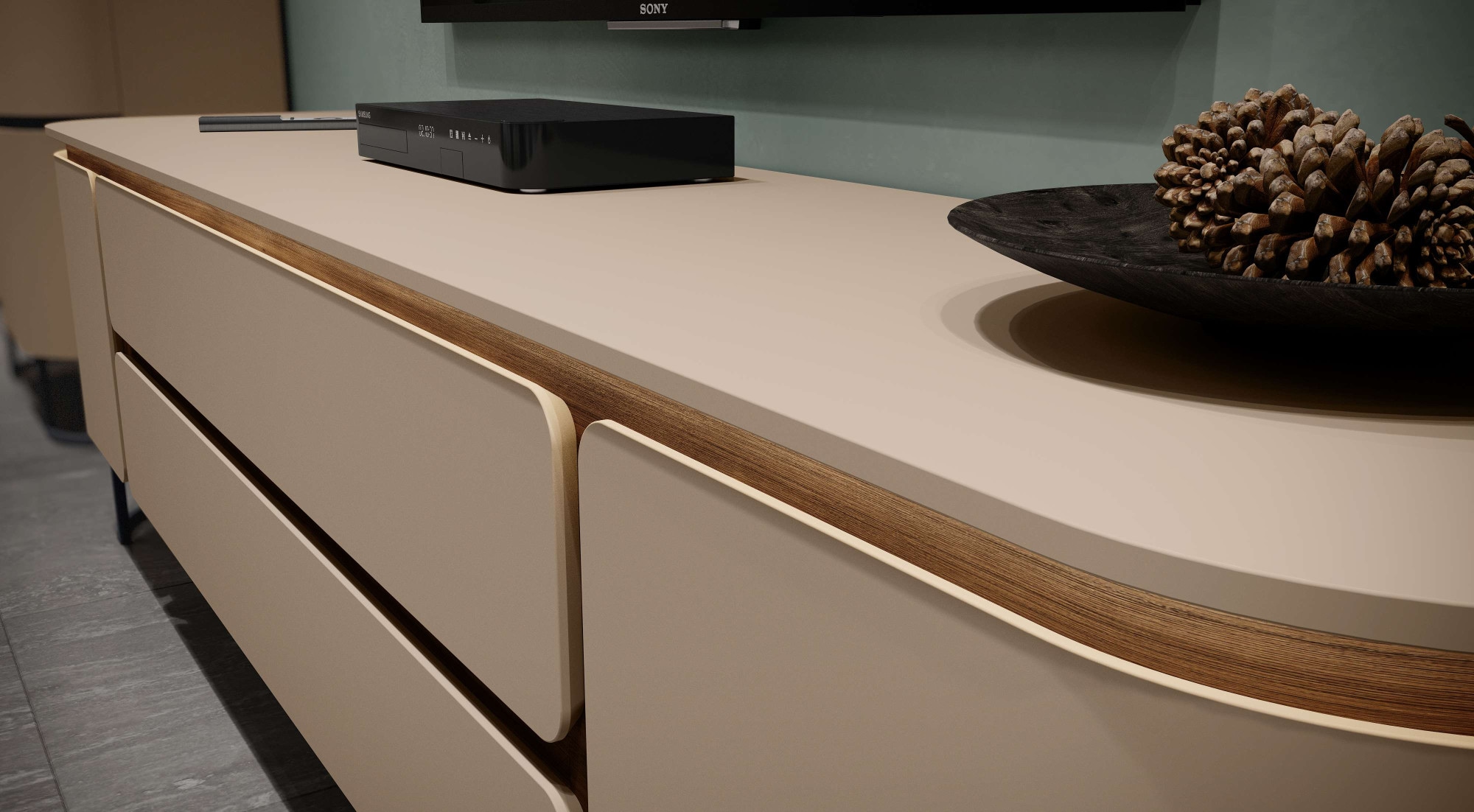 OTTO home Lowboard »AURA TV-Board, TV-Kommode, TV-Schrank, TV-Möbel, mit LED-Beleuchtung« UV lackiert, Soft Close Funktion, Metallrahmen als Basis des Elements
