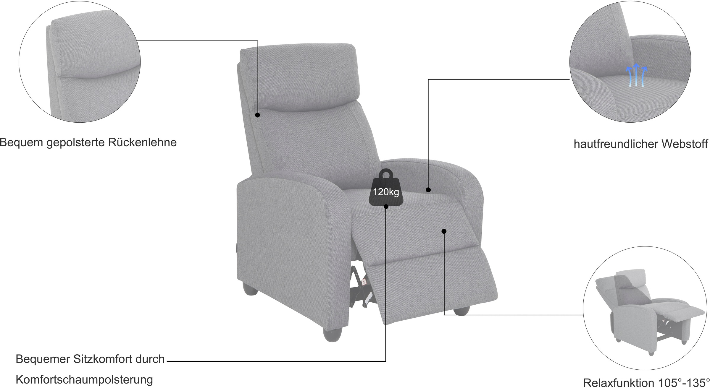 Thumbnail - Home affaire Relaxsessel "JULINOR, TV-Sessel, Ruhesessel mit Schlaffunktion, Webstoff" Liegesessel mit manueller Relaxfu...