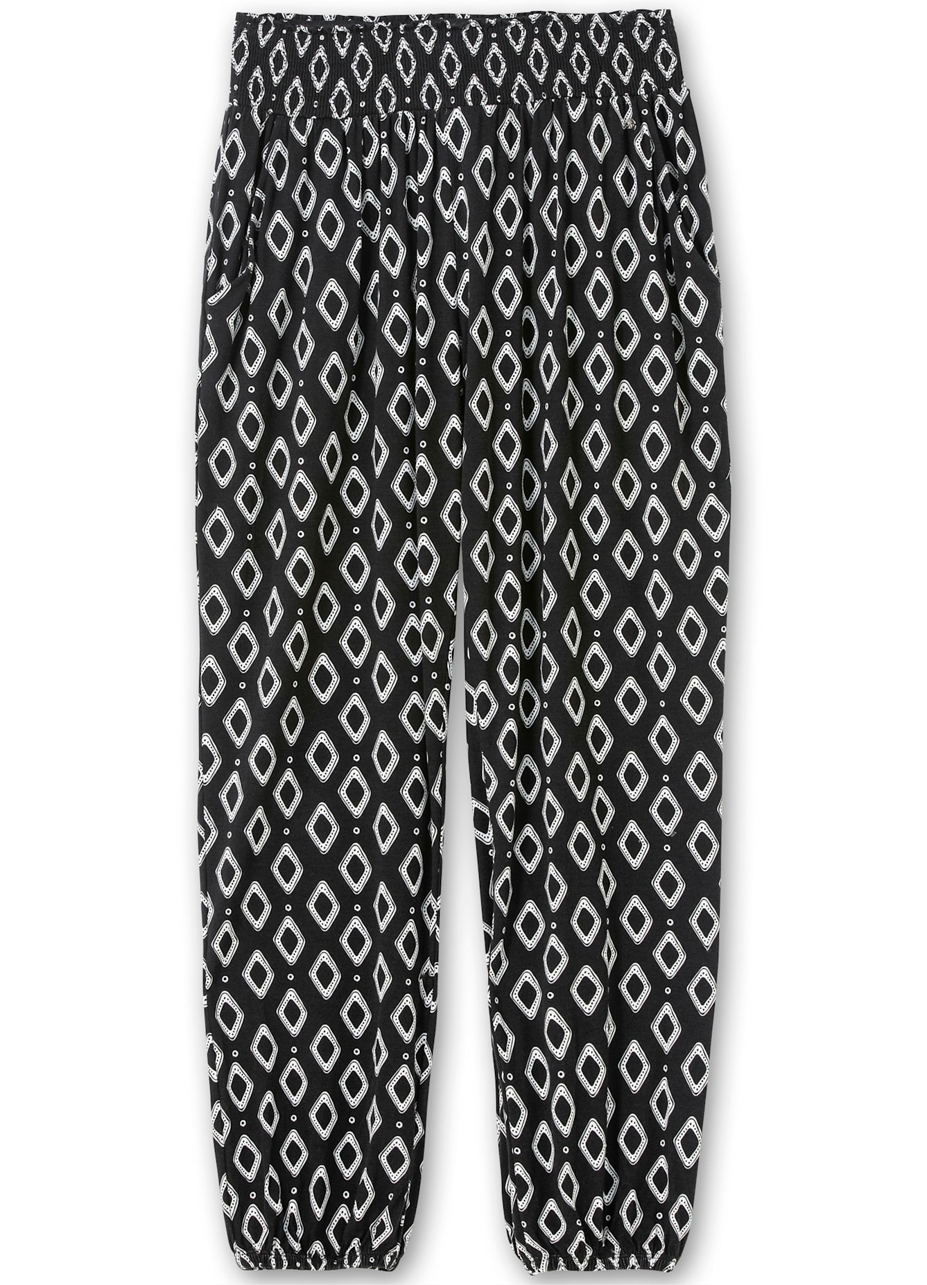 Schlupfhose SHEEGO, Damen, Gr. 58, Normalgrößen, schwarz (schwarz, gemustert), 95% Viskose, 5% Elasthan, gemustert, mehrfarbig, Hosen Schlupfhose 3