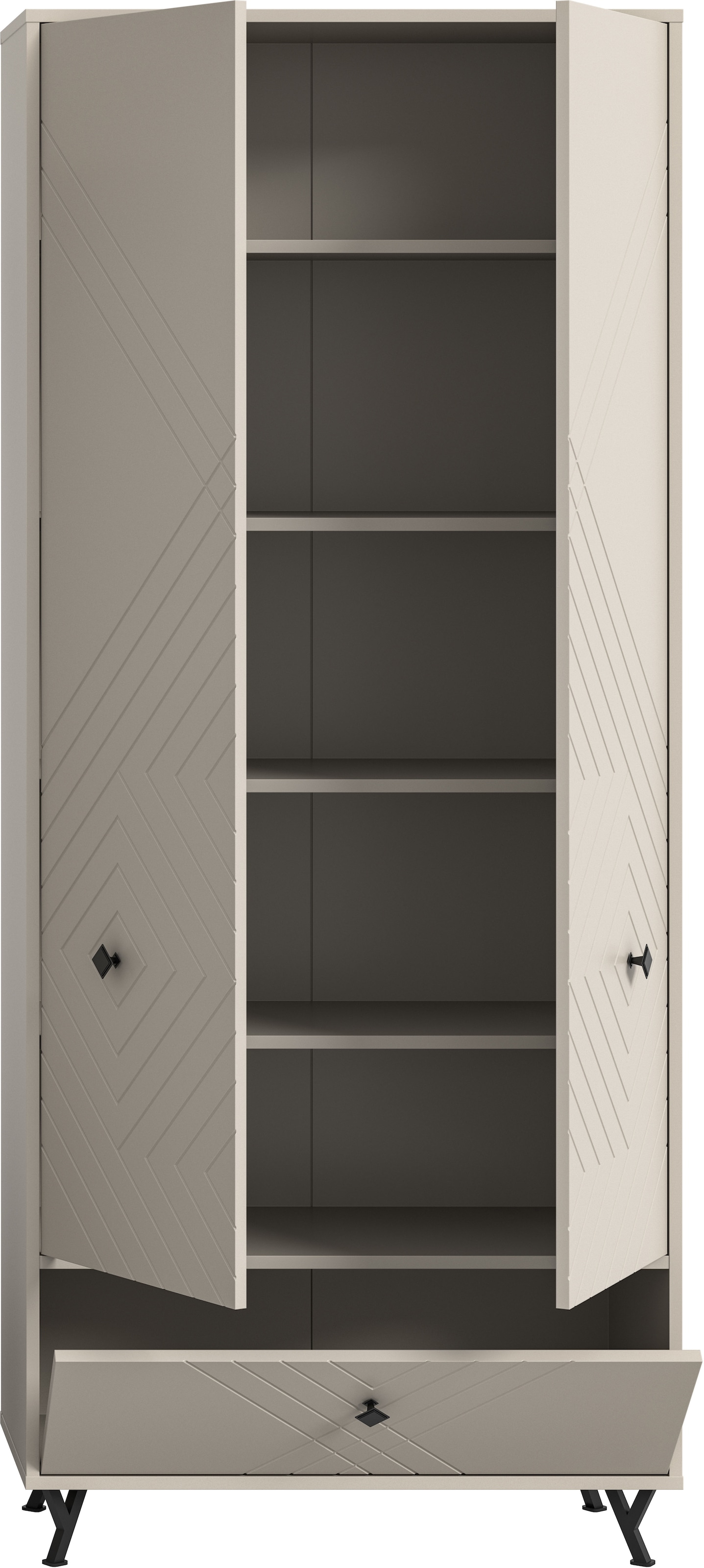 INOSIGN Garderobenschrank »Mento, Höhe 190cm, 2 Türen, 1 Klappe, 4 Einlegeböden, 6 Fächer«, Metall Knopfgriffe & Y-Füße, Front mit Ornamentfräsung, Kleiderschrank
