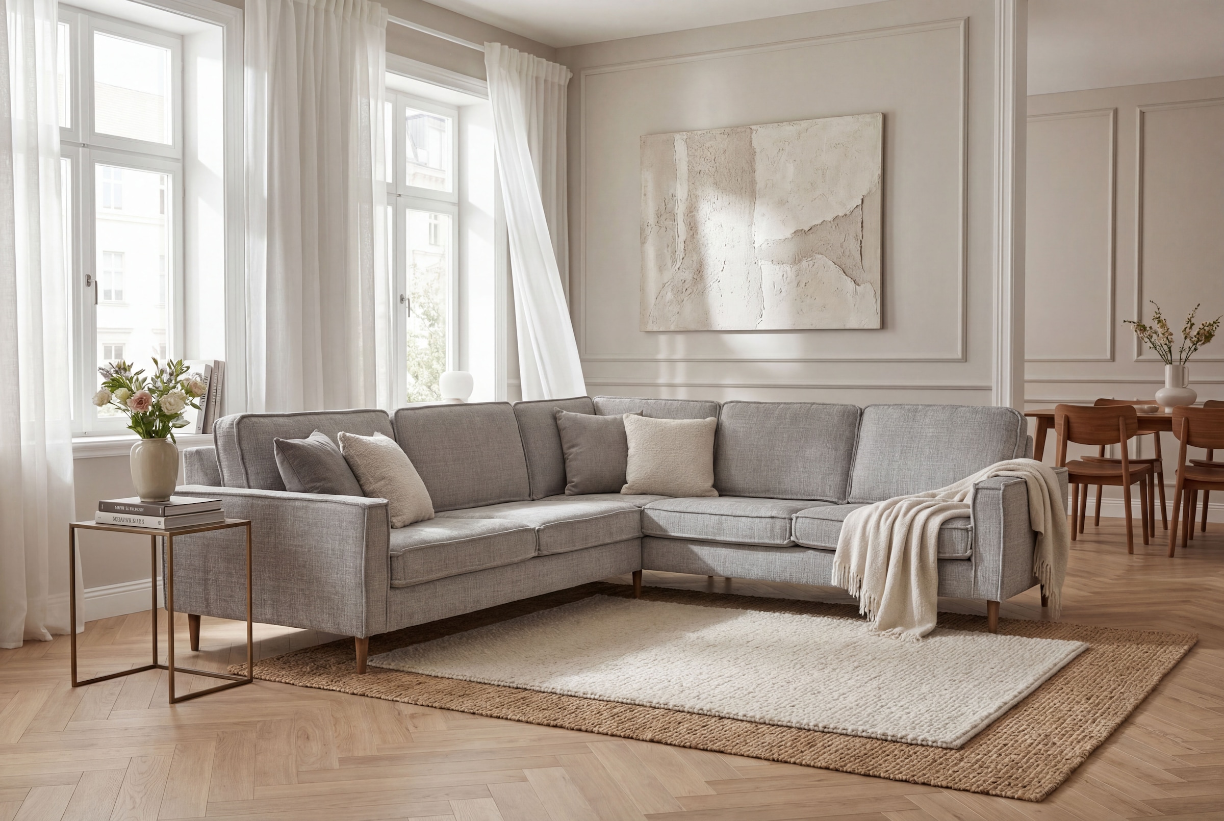 OTTO home Ecksofa "Pinto Skandi, 290 cm, Chenille, Struktur, Ottomane links / rechts" mit Keder, Massivholzfüße Eiche geräuchert, Wellenunterfederung