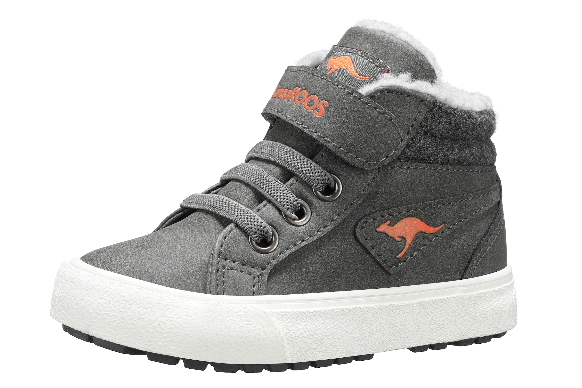 Sneaker KANGAROOS "Kavu III", Mädchen, Gr. 27, grau (steel grau, flame), Synthetik, Schuhe Sneaker, Warmfutter, Reißverschluss,Winterschuhe, Schnürboots, Sneakerboots